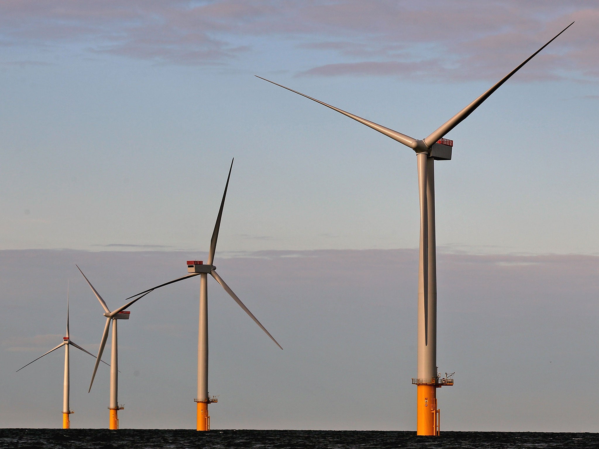 A view of Walney Offshore Windfarm, located 15km west of Cumbria in the Irish Sea on November 23, 2010 in Barrow in Furness, England.