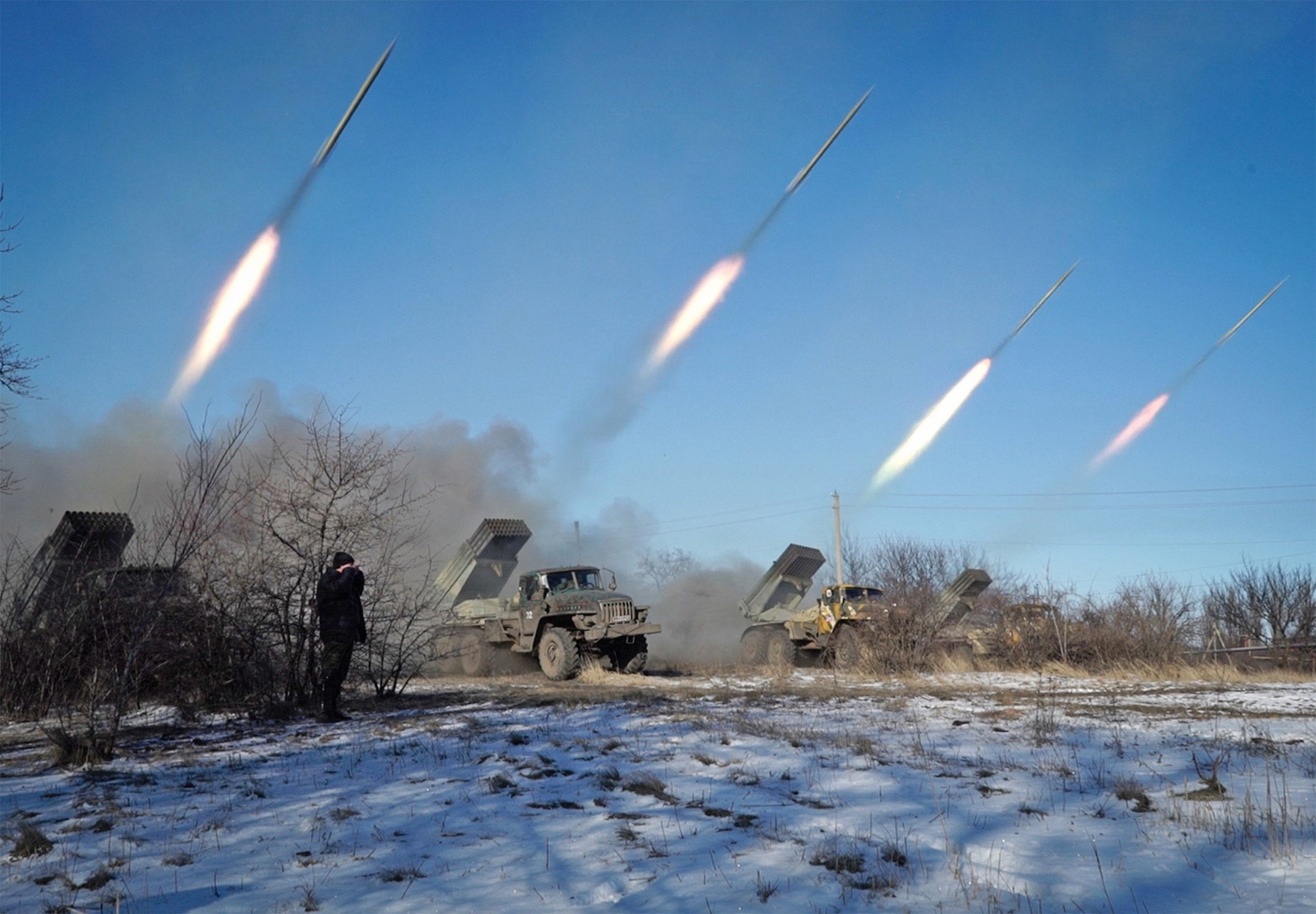 Pro-Russian rebels in the eastern Ukrainian city of Gorlivka launch missiles on Wednesday (Getty)