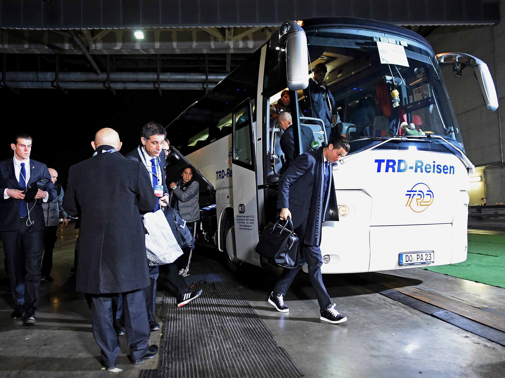 Cristiano Ronaldo arrives for the Champions League tie against Schalke