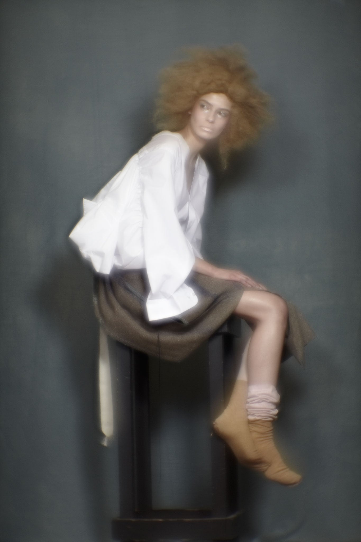 Skirt constructed from vintage blanket, and shirt constructed from three Marks & Spencer men's shirts (£30 each, marksandspencer.com), both custom-made by Stefanie Tschirky; 19th-century men's stockings, stylist's own