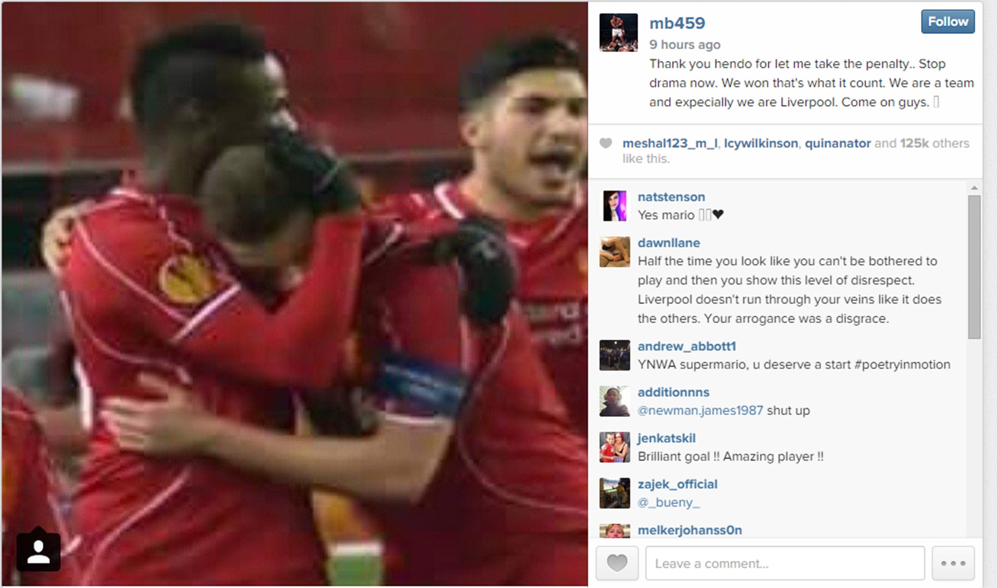 Balotelli's post to Instagram