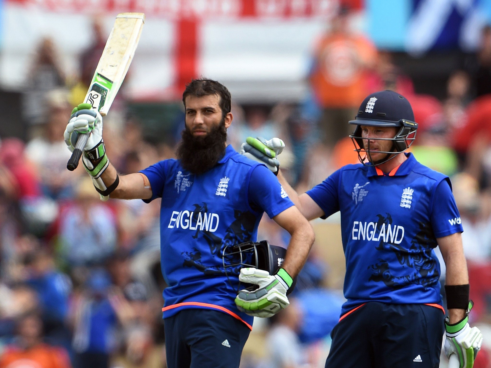 Moeen Ali celebrates his century against Scotland