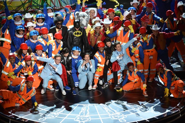 Was everything awesome? Tegan Quin and Sara Quin of 'Tegan and Sara' and Akiva Schaffer, Andy Samberg, and Jorma Taccone of 'The Lonely Island' perform 'Everything Is Awesome' from The Lego Movie