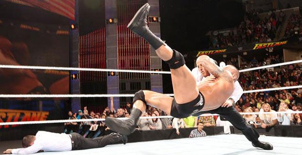 Randy Orton delivers an RKO to Joey Mercury