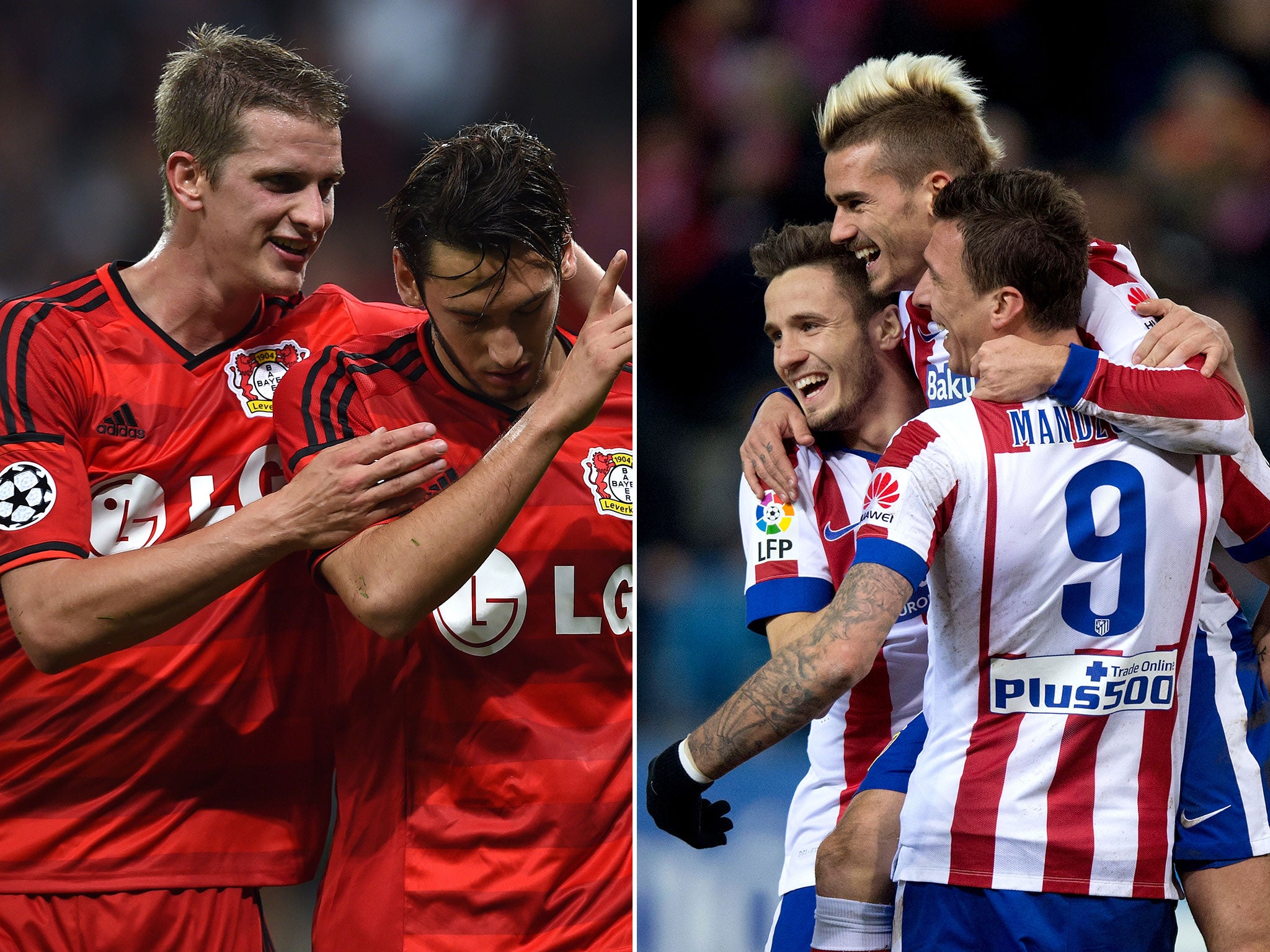 Hakan Calhanoglu and Antoine Griezmann celebrate scoring for Bayer Leverkusen and Atletico Madrid respectively