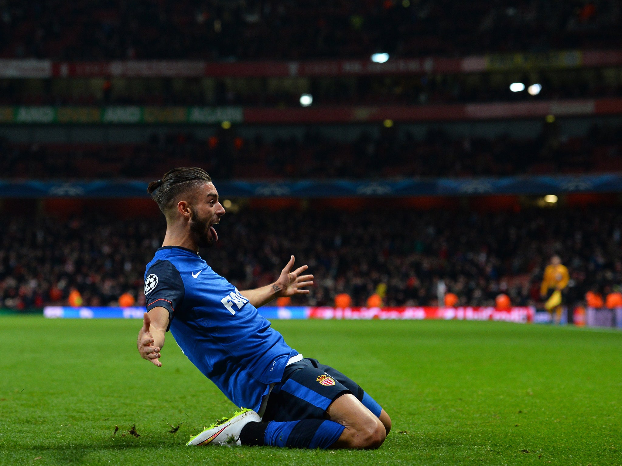 Yannick Ferreira Carrasco celebrates scoring Monaco's third goal