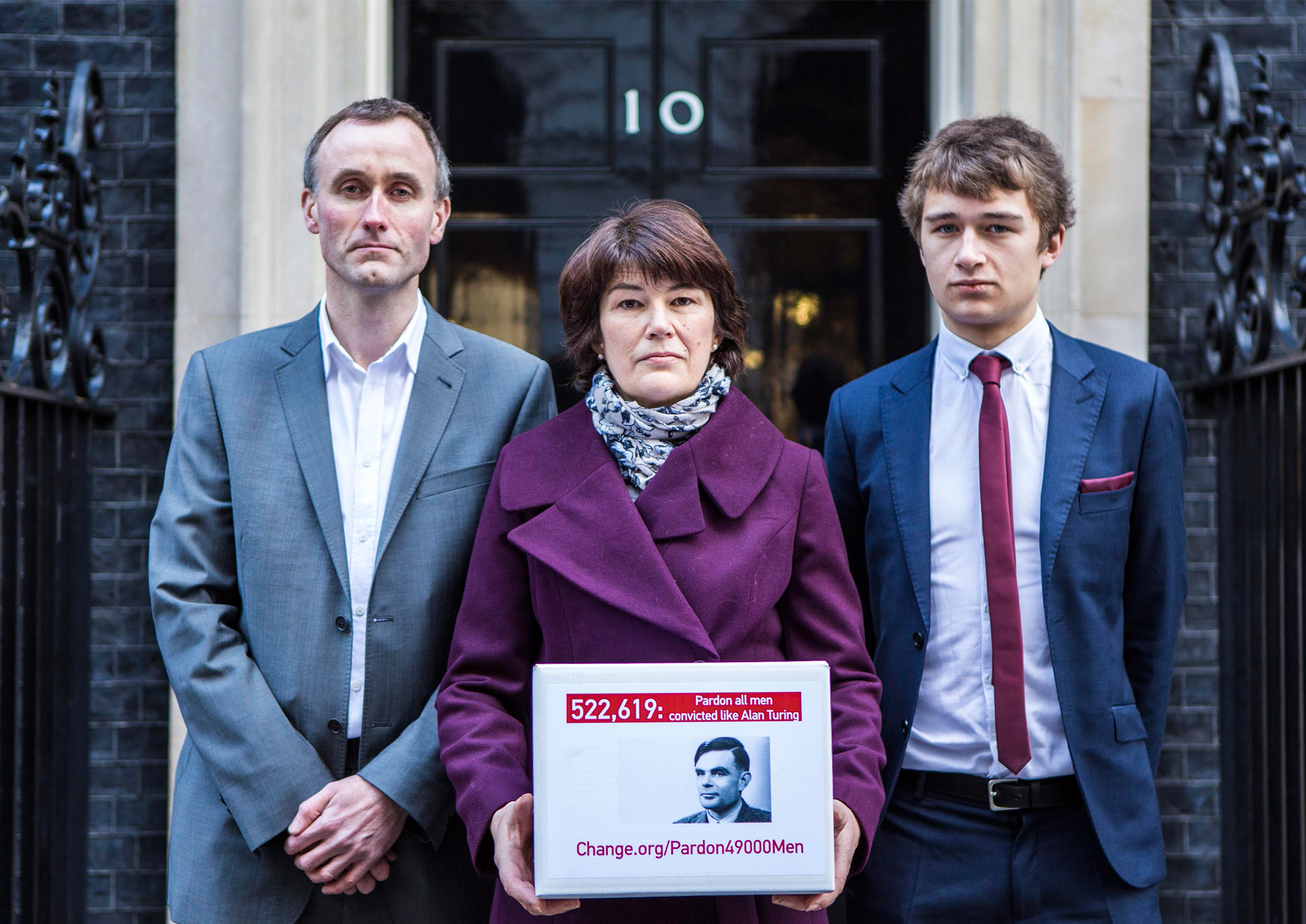 The family of Alan Turing deliver the change.org petition to Downing Street signed by almost half a million people calling for more than 49,000 British gay men convicted under historic anti-gay laws in the UK