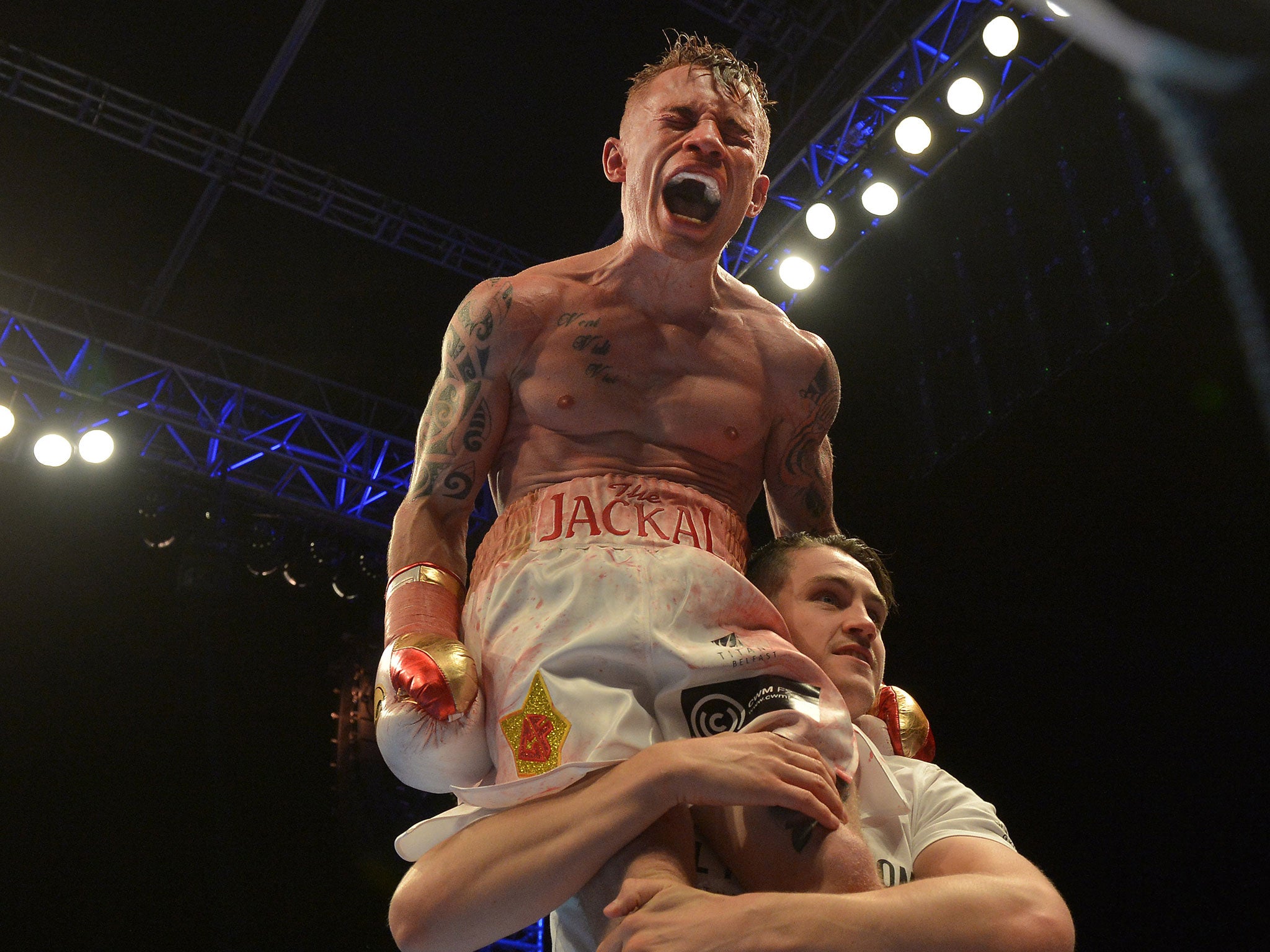 Carl Frampton celebrates his IBF super-bantamweight title triumph back in September