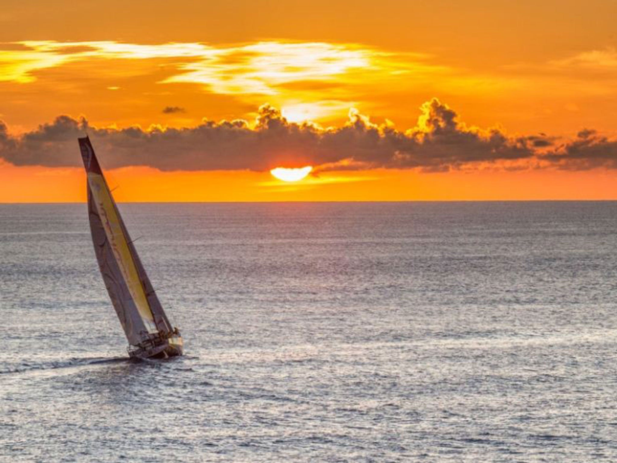 First sighting of Abu Dhabi Ocean Racing during sunrise, 100nm from the finish line