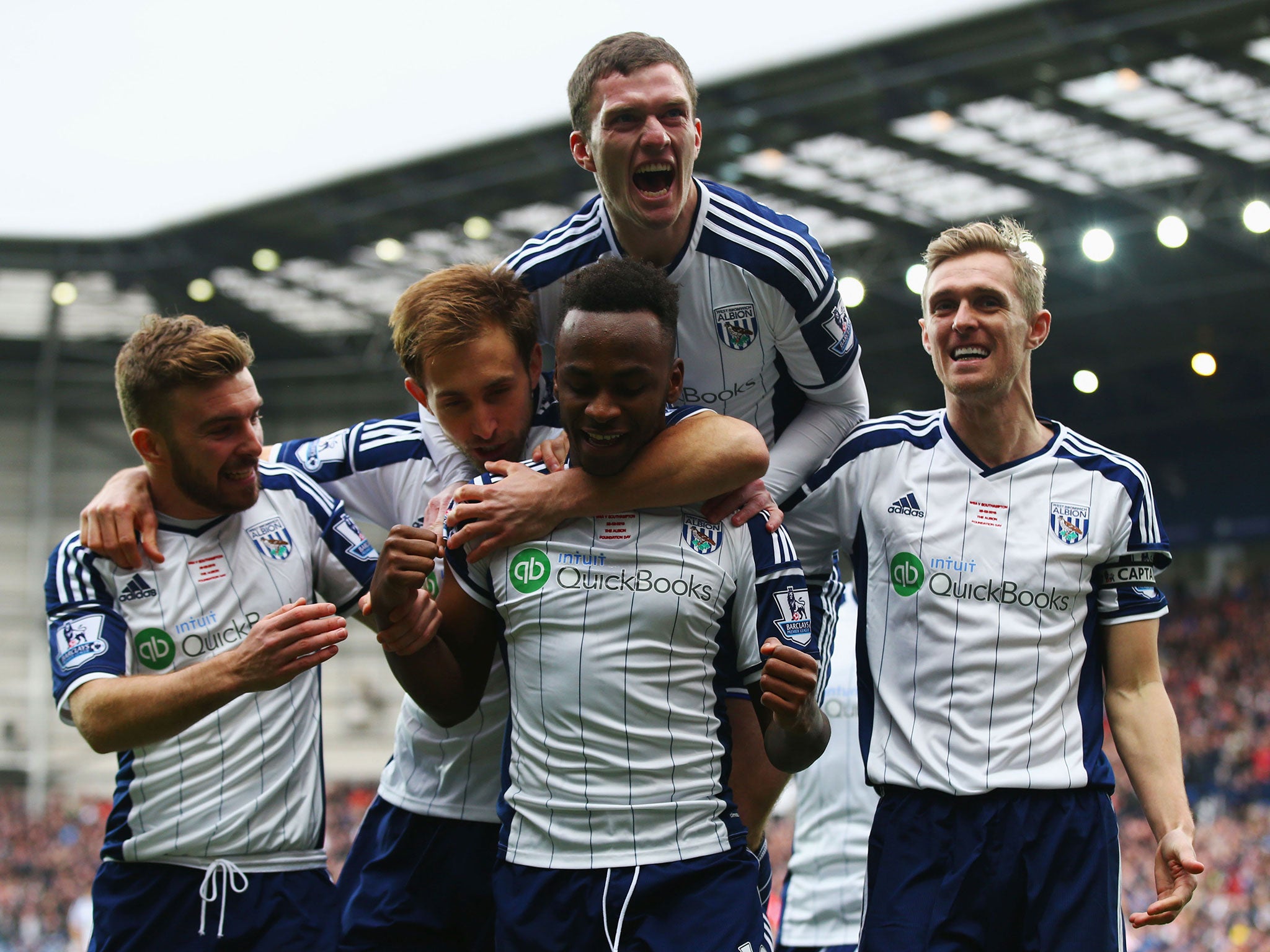 Saido Berahino celebrates his early goal against Southampton with his West Brom team-mates