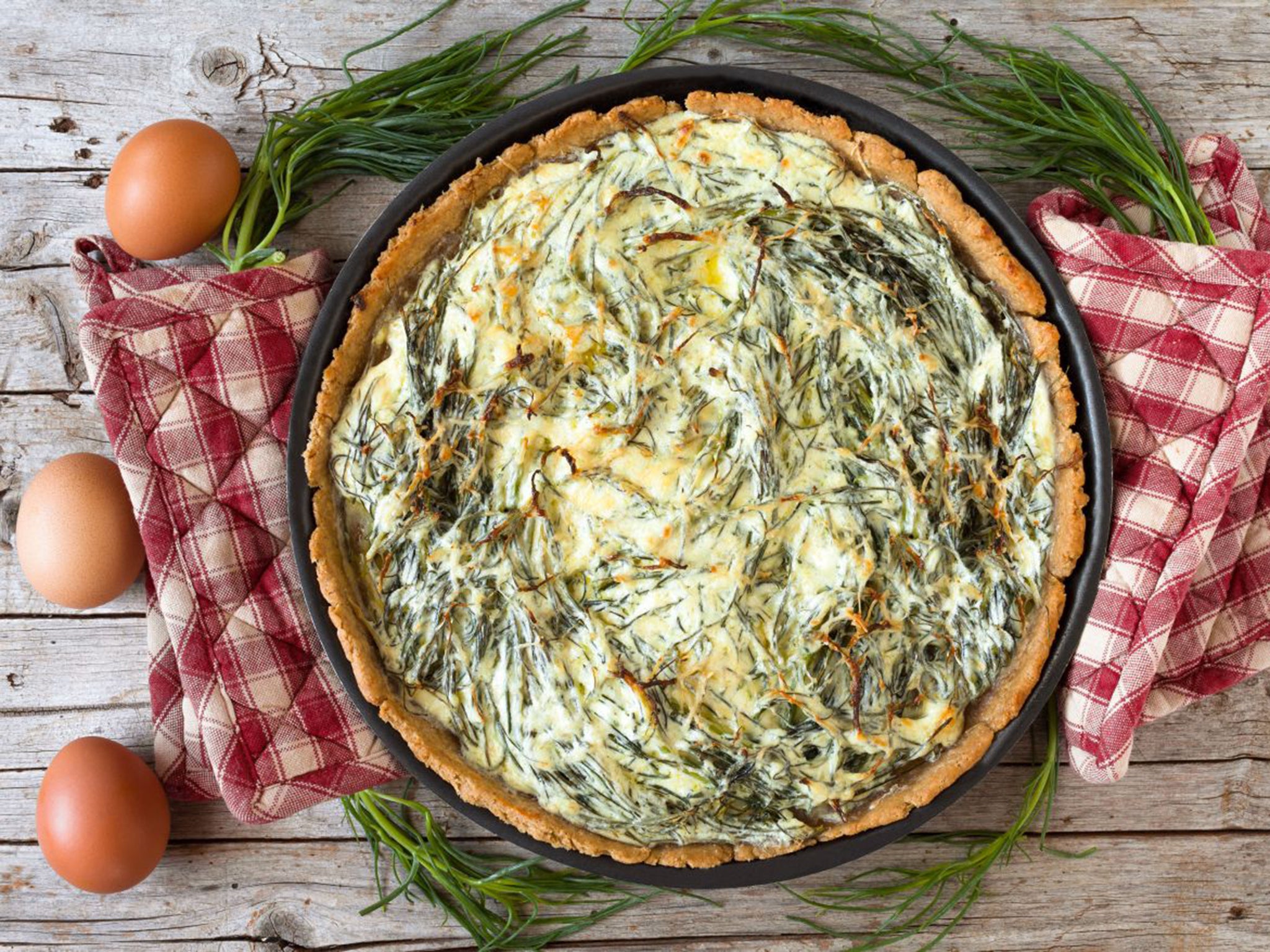 Agretti baked in a pie; the plant is difficult to find in the UK so restaurateurs and allotment-keepers are forced to grow their own stocks