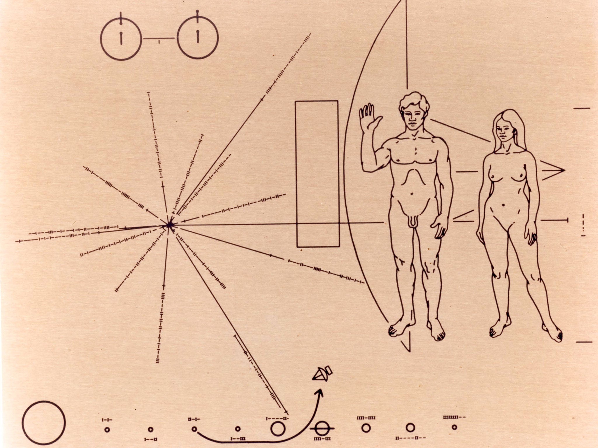 The plaque that was attached to the Pioneer 10 spacecraft before it was launched into space on March 2, 1972.