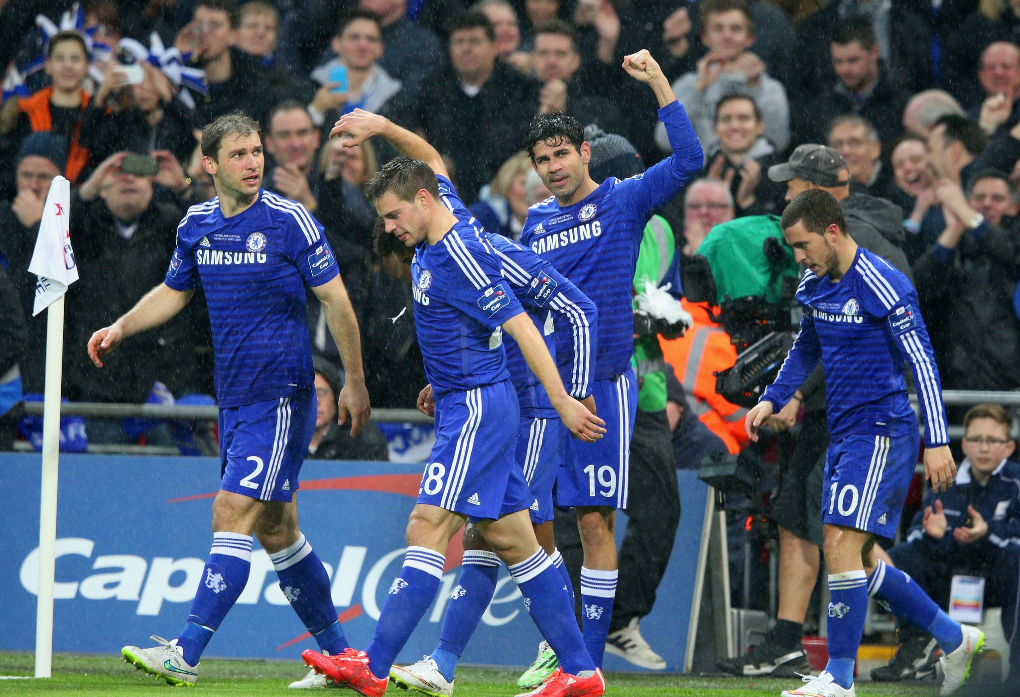 Diego Costa celebrates making it 2-0 to Chelsea