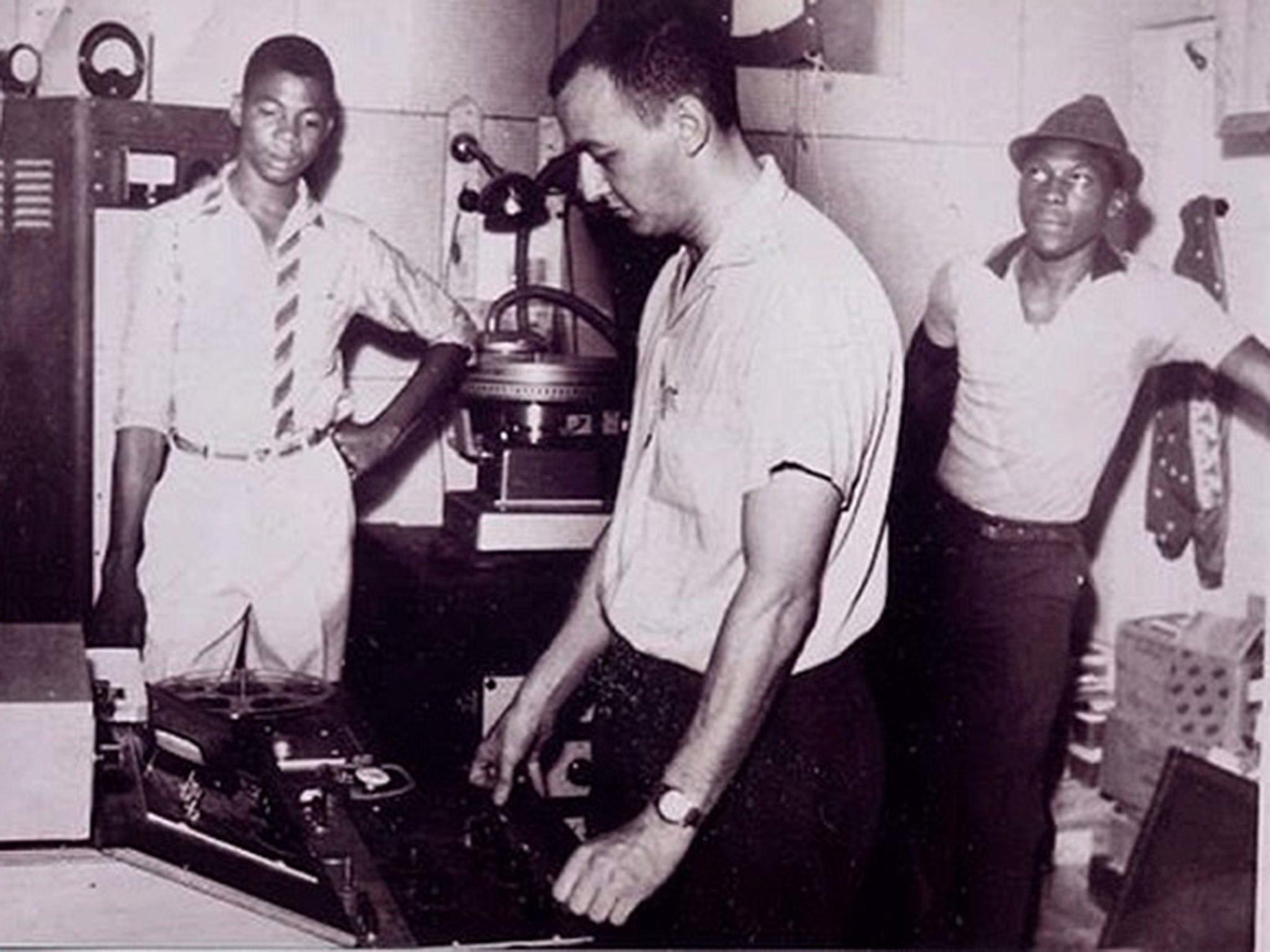 Owen Gray, Graeme Goodall (centre) and Clement 'Sir Coxsone' Dodd at Federal studio, Jamaica