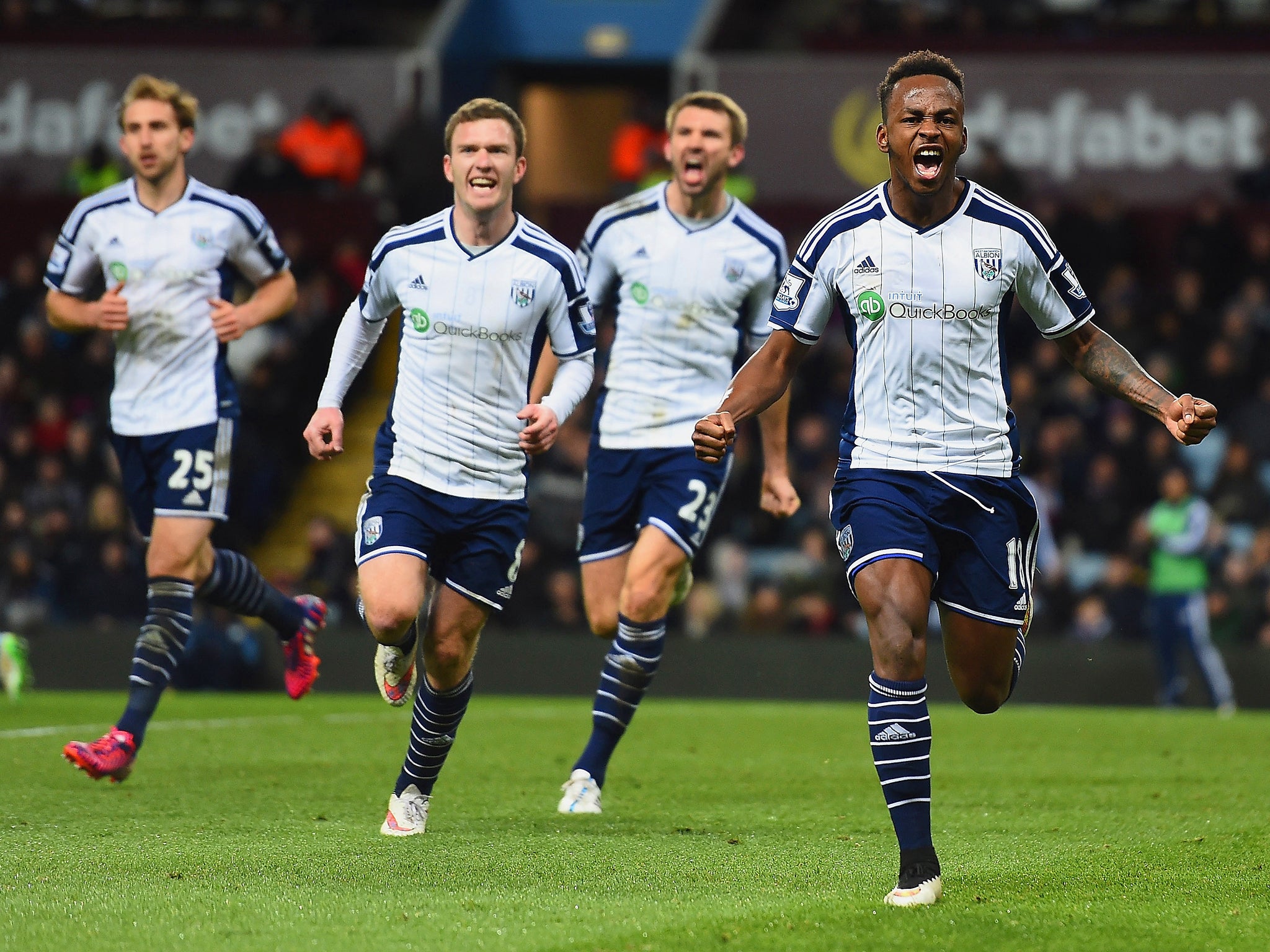 Saido Berahino celebrates scoring the equaliser for West Brom against Aston Villa