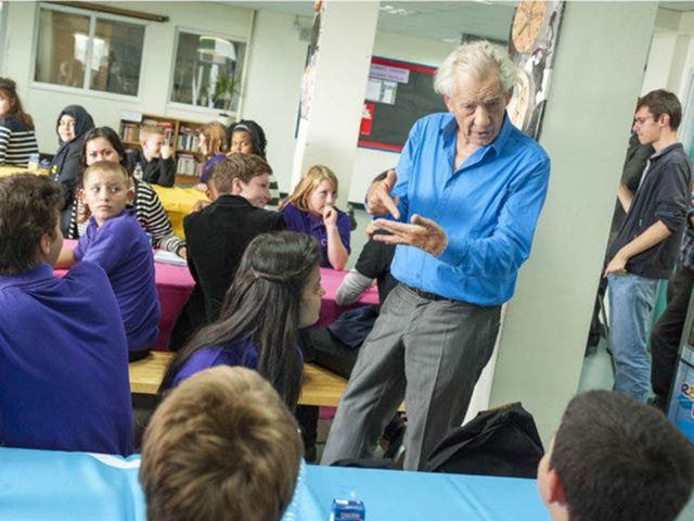 Centre stage: the actor Sir Ian McKellen, visits a school to talk about the effects of homophobia