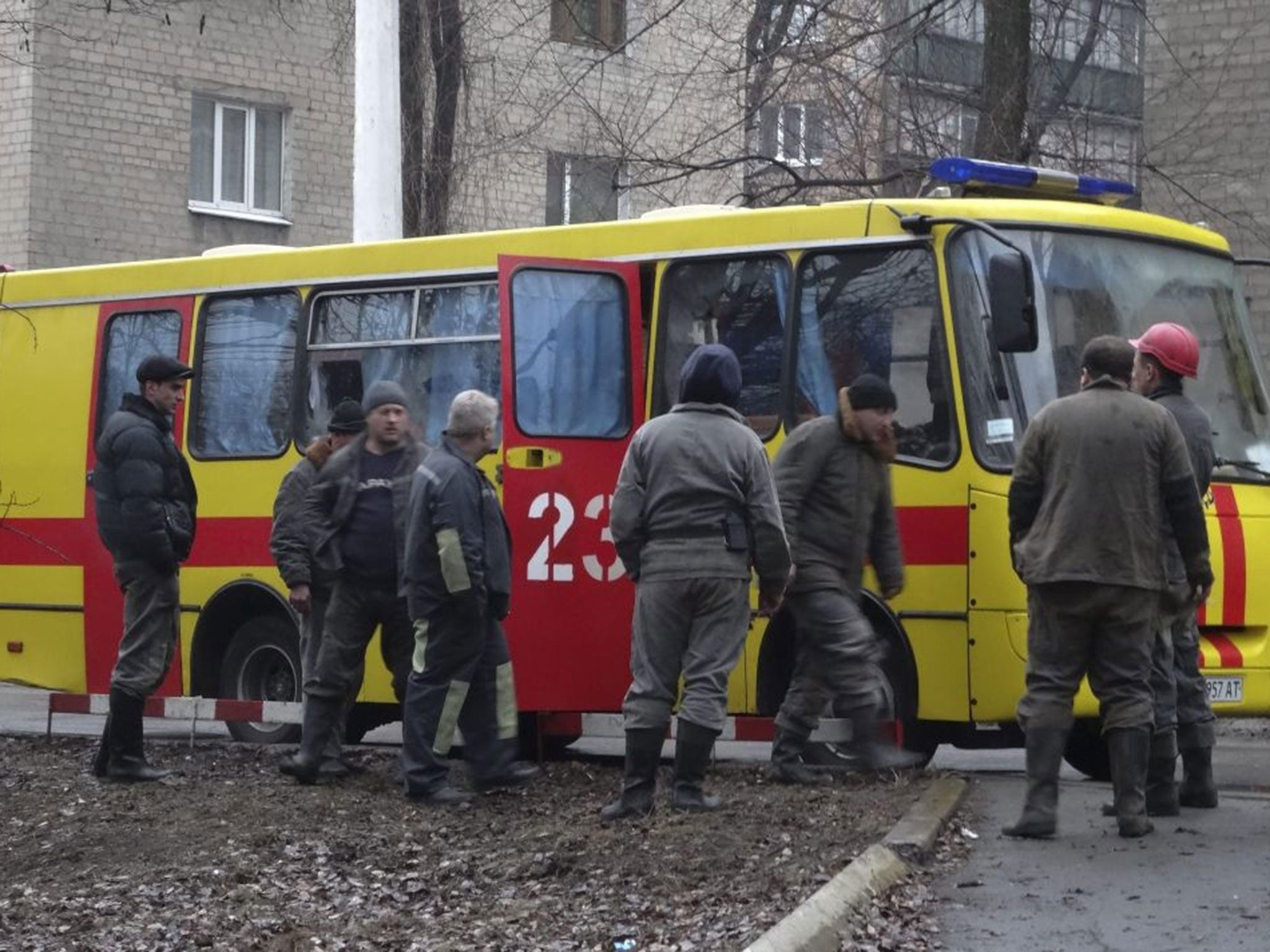 Mine workers near the Zasyadko mine in Donetsk (EPA)
