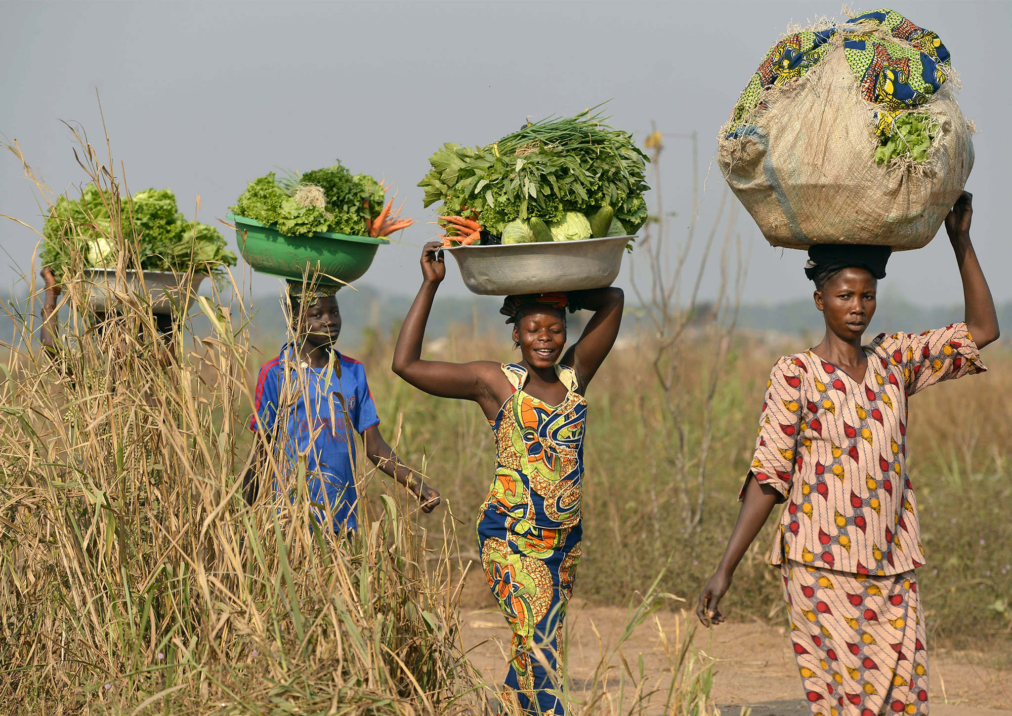 Women come back from the fields to sell vegetables at a market in Bangui, Central African Republic