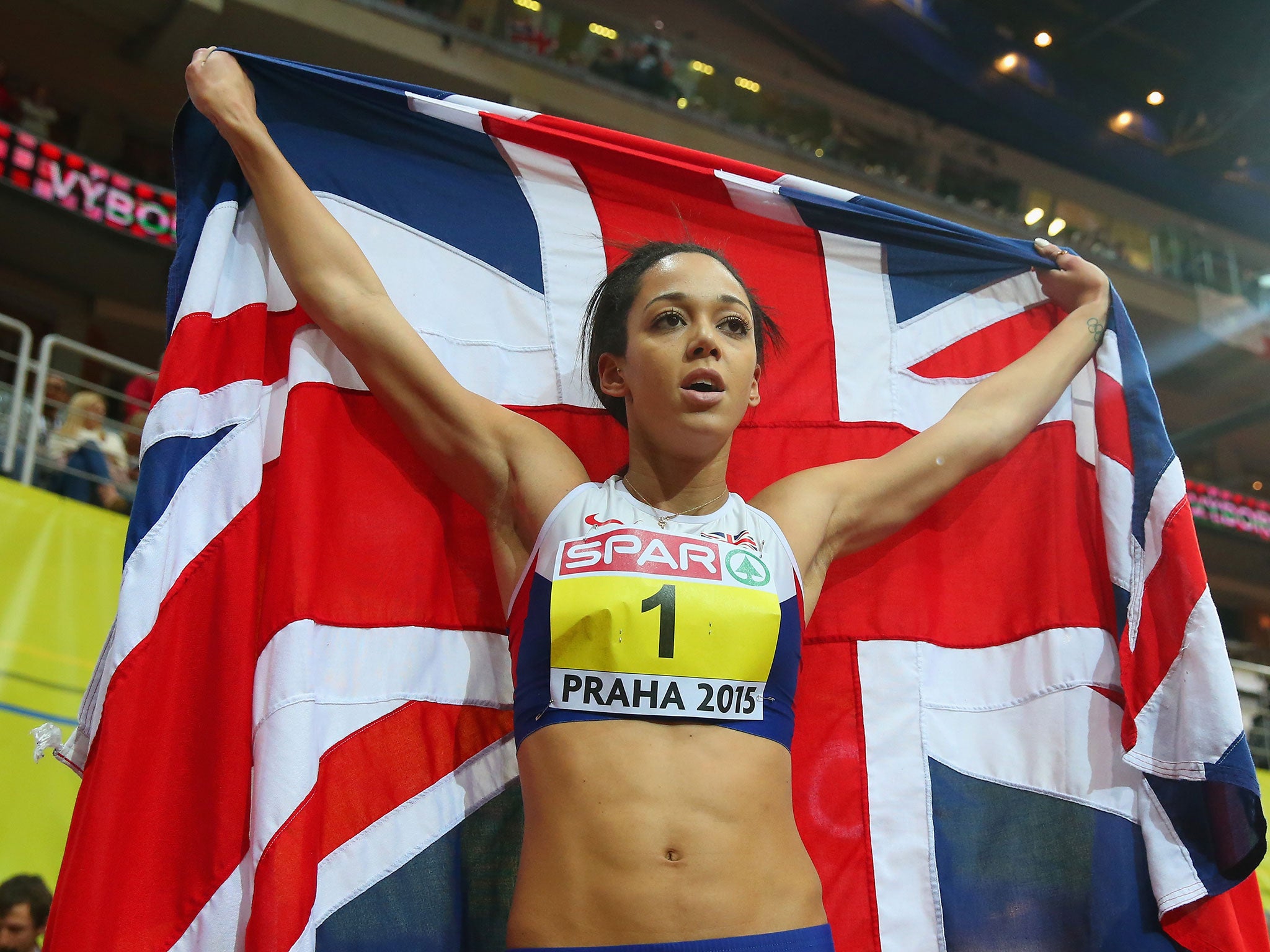 Katarina Johnson-Thompson celebrates her heptathlon victory