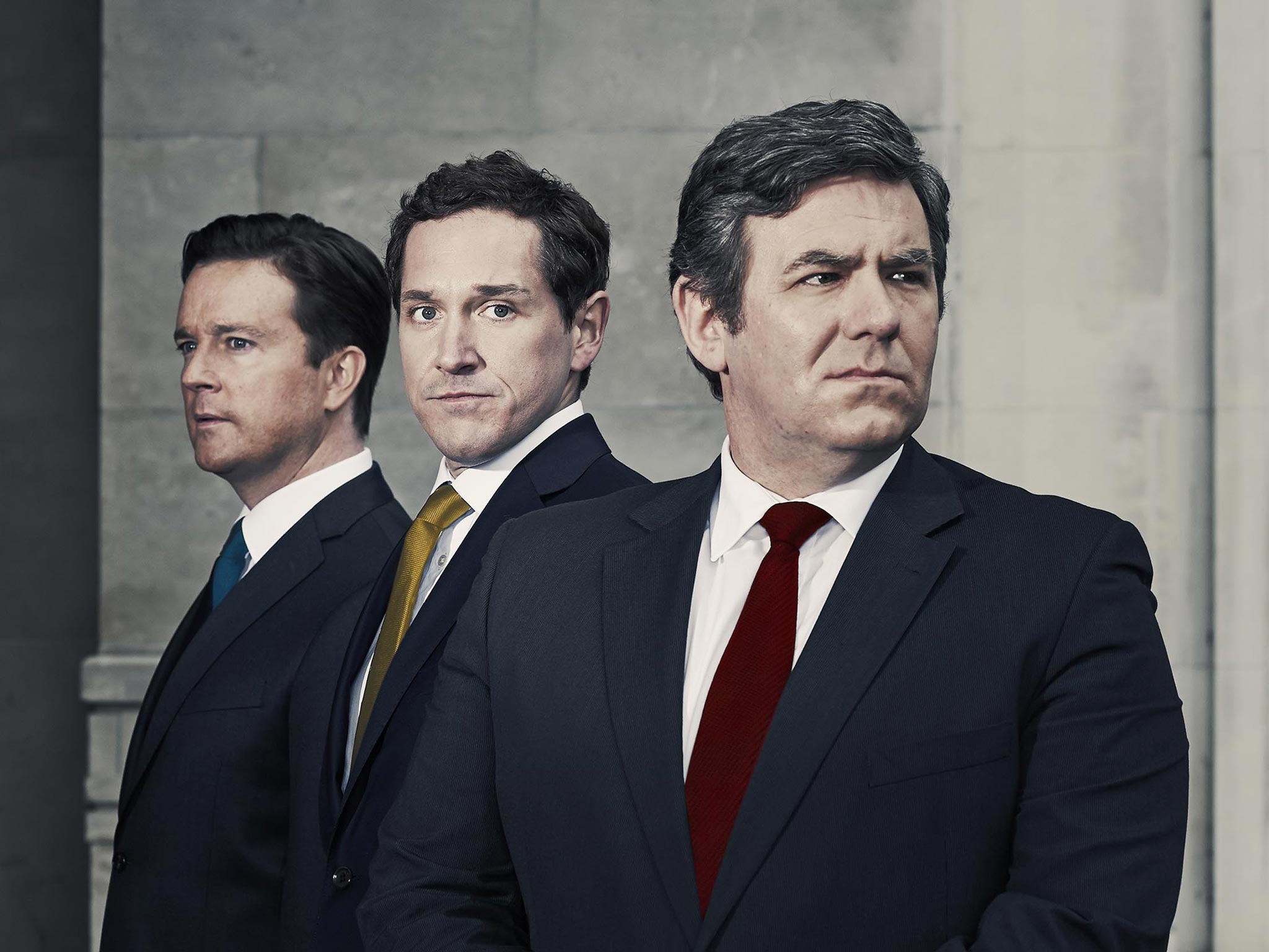 Mark Dexter (as David Cameron), Bertie Carvel (Nick Clegg) and Ian Grieve (Gordon Brown) in Channel 4’s drama Coalition (Rory Mulvey/Channel 4)