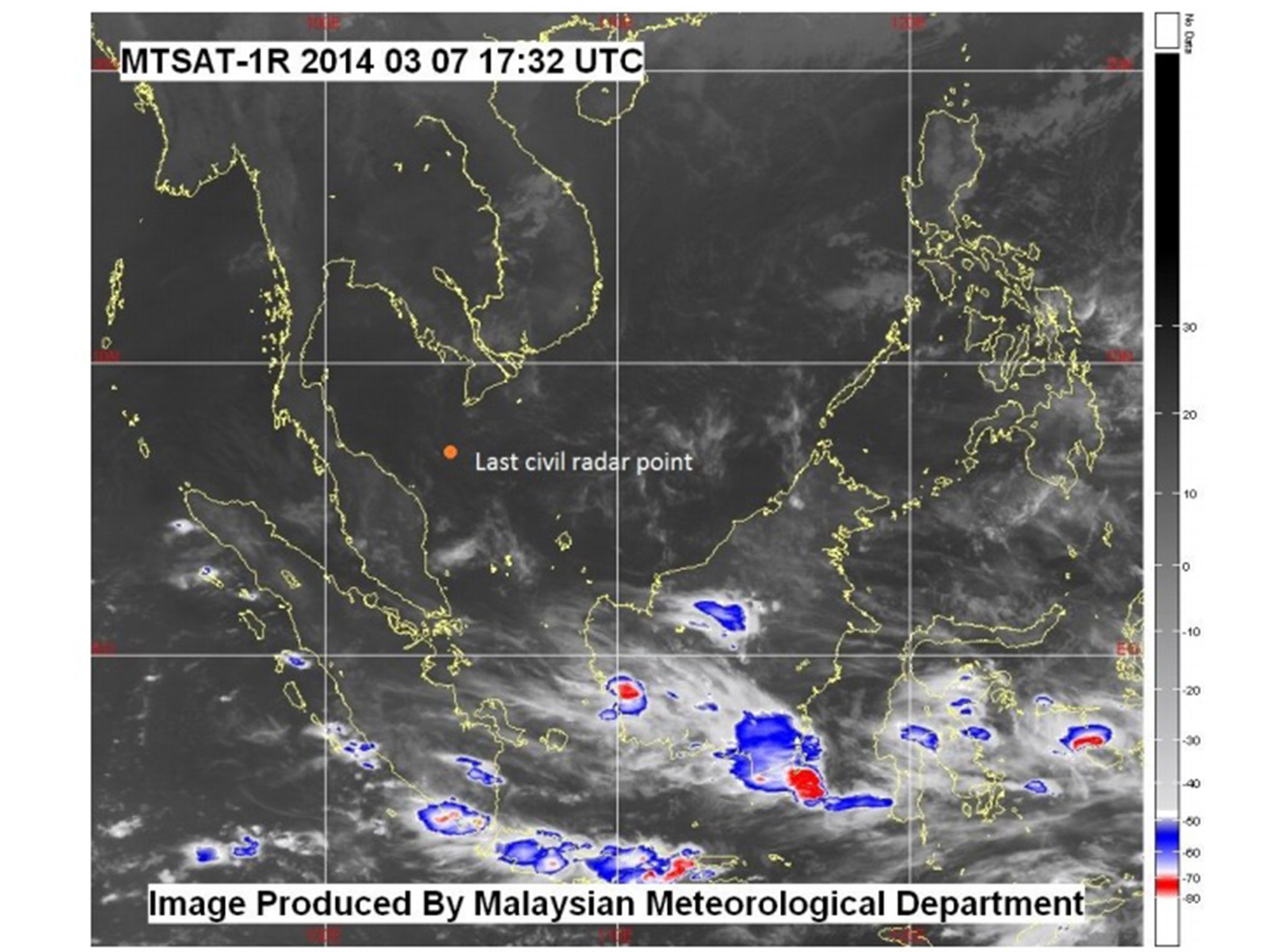 Infra-red images taken by the geostationary satellite Multifunctional Transport Satellites at 1732 on 7 March 2014 (Figure1.7A below) showed that there were no significant clouds at the last civil radar point at 1722.