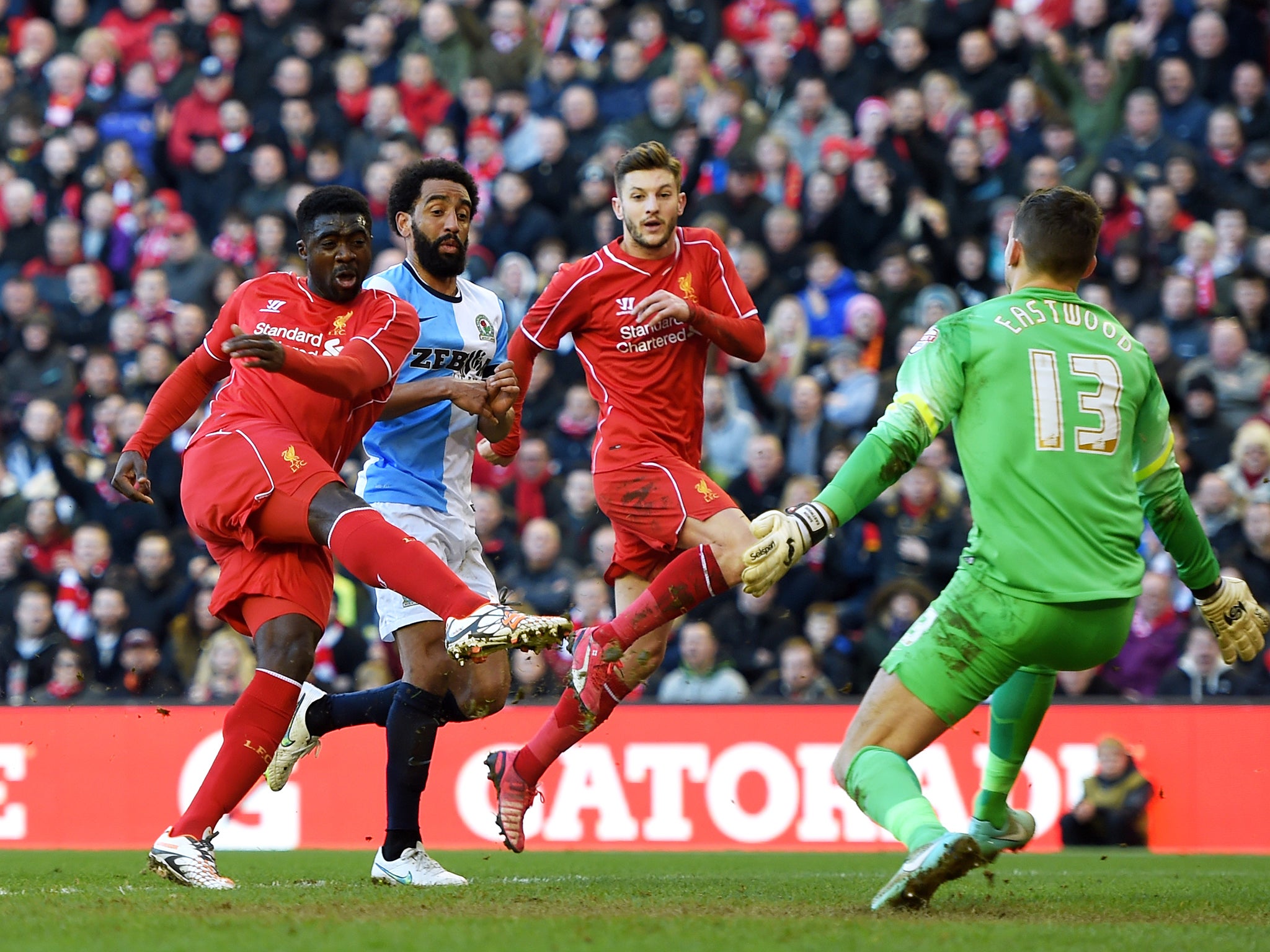 Kolo Toure puts the ball in the back of the net only to be ruled offside