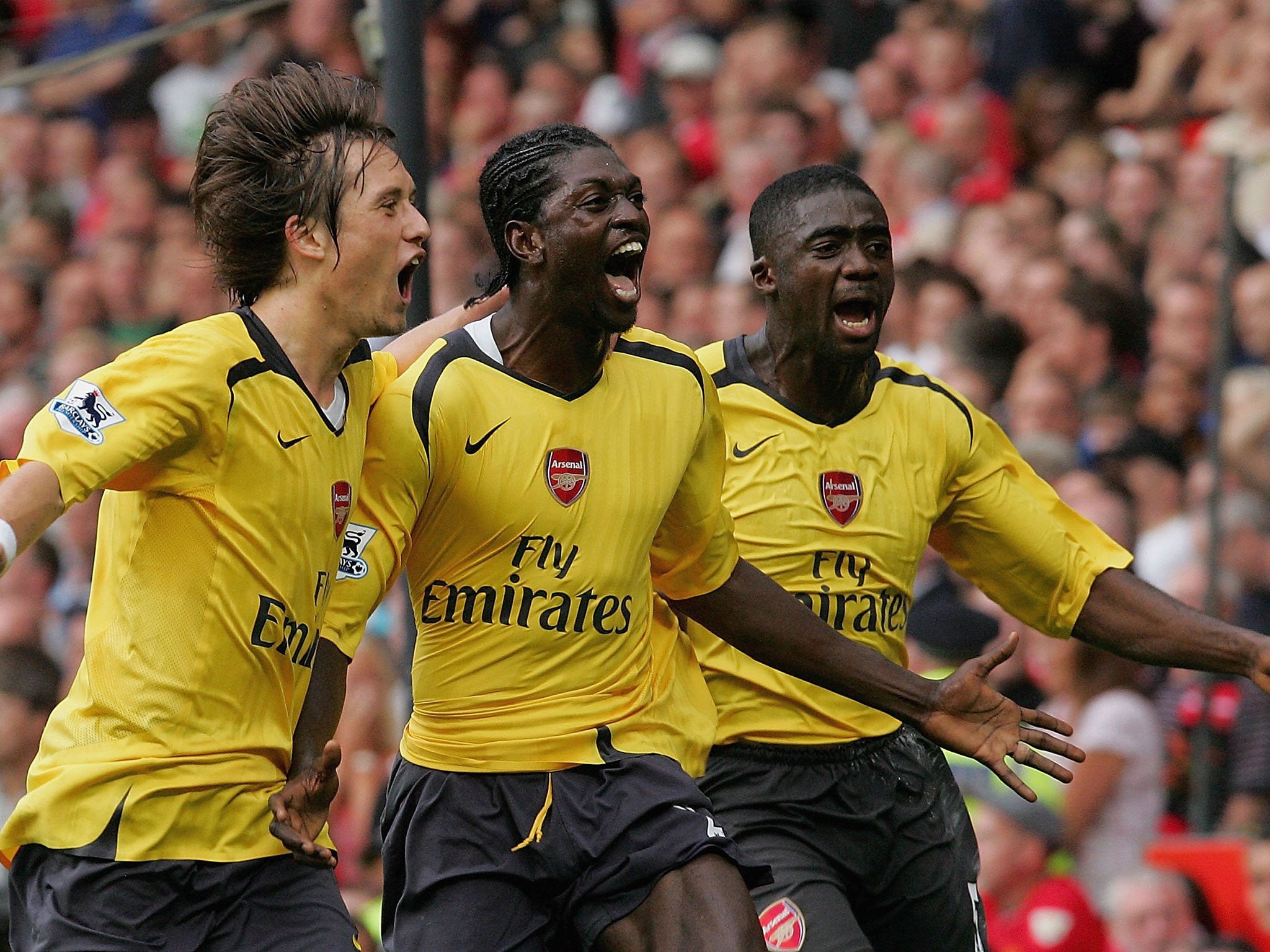 Emmanuel Adebayor celebrates his goal against United in 2006