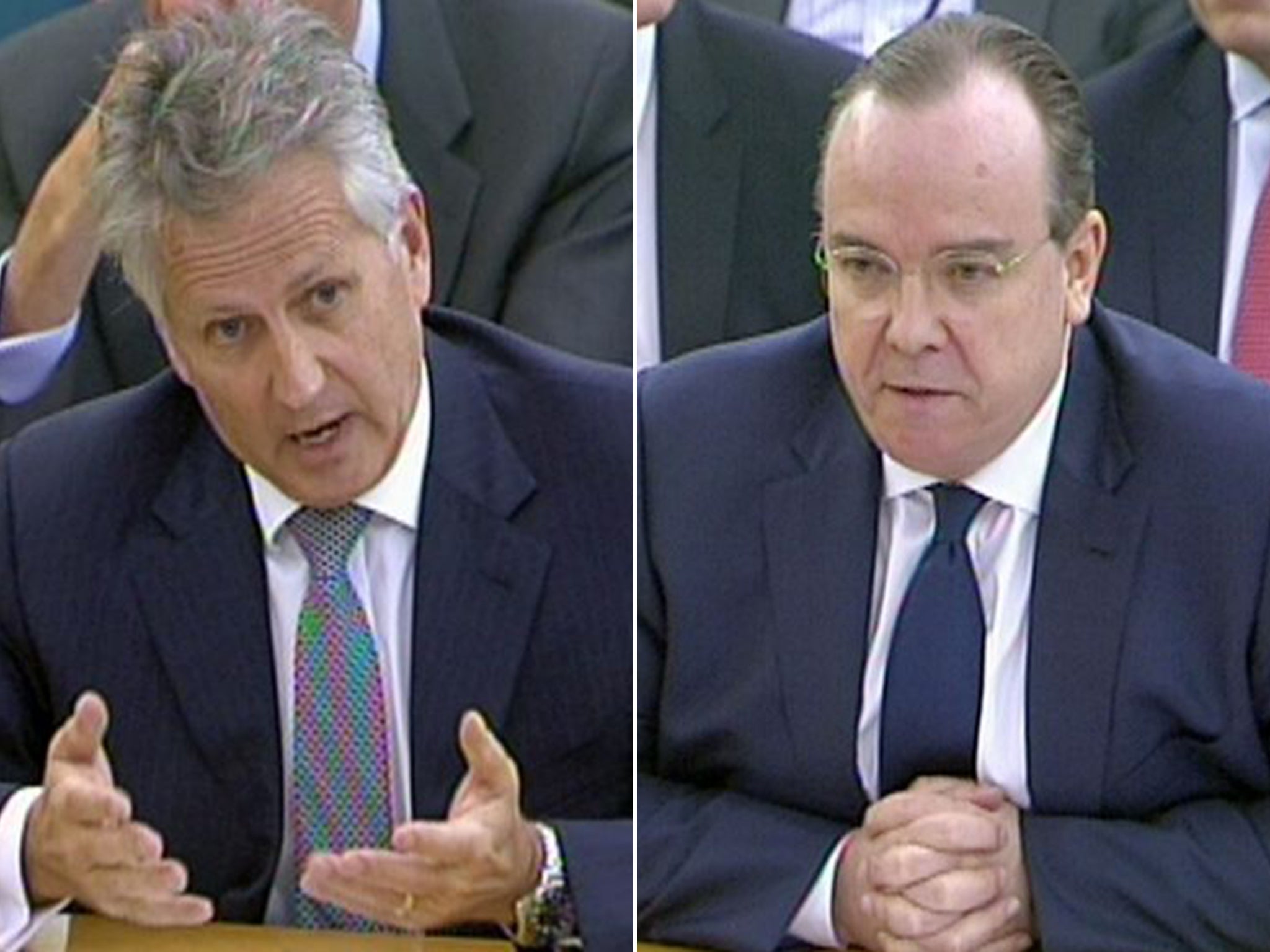 Chris Meares , left, the former head of HSBC’s private banking division, and Stuart Gulliver, HSBC’s chief executive, address the committee on Monday