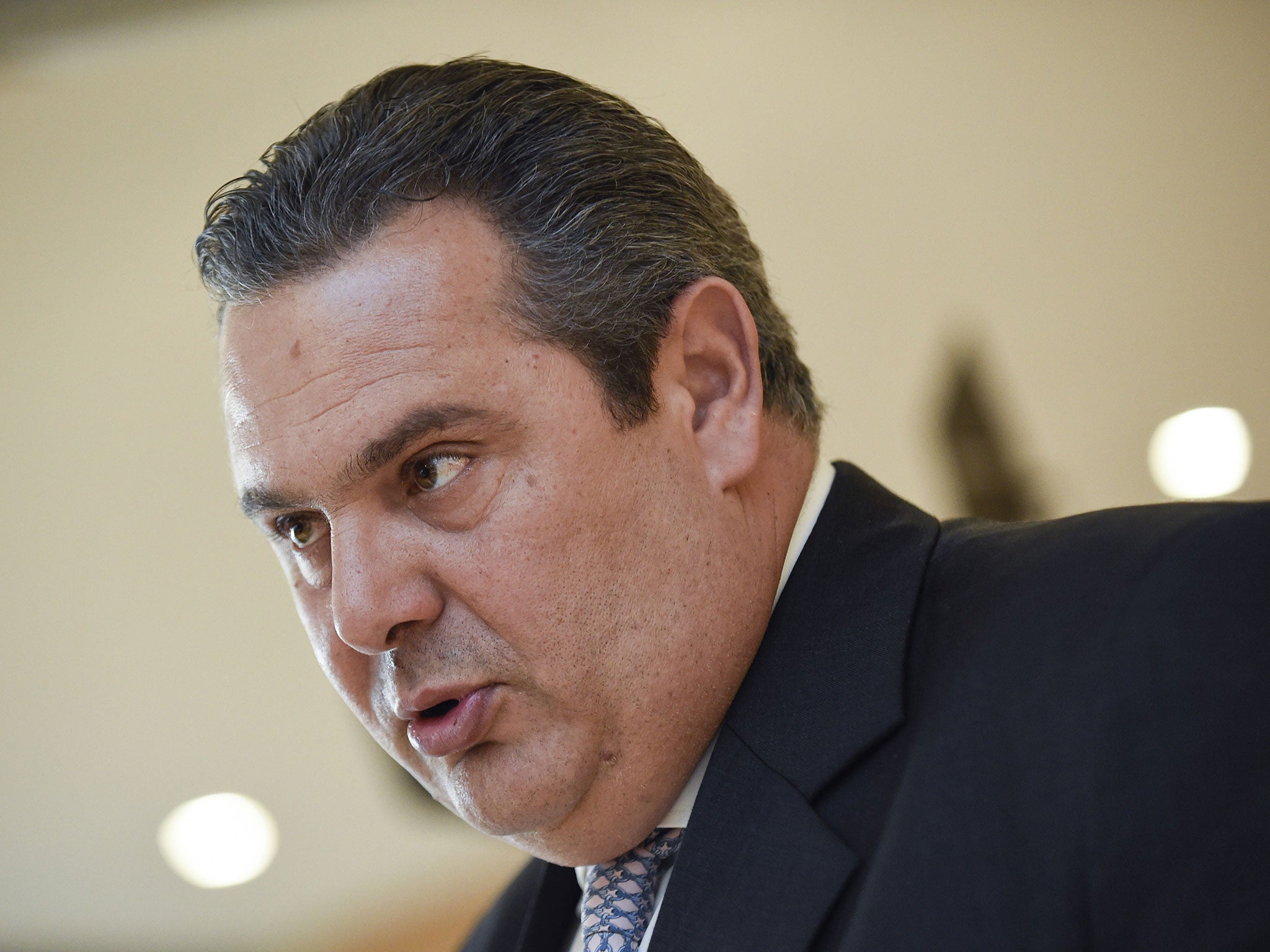 File: Greek Defense Minister Panos Kammenos at the European Union Headquarters in Brussels on February 4, 2015