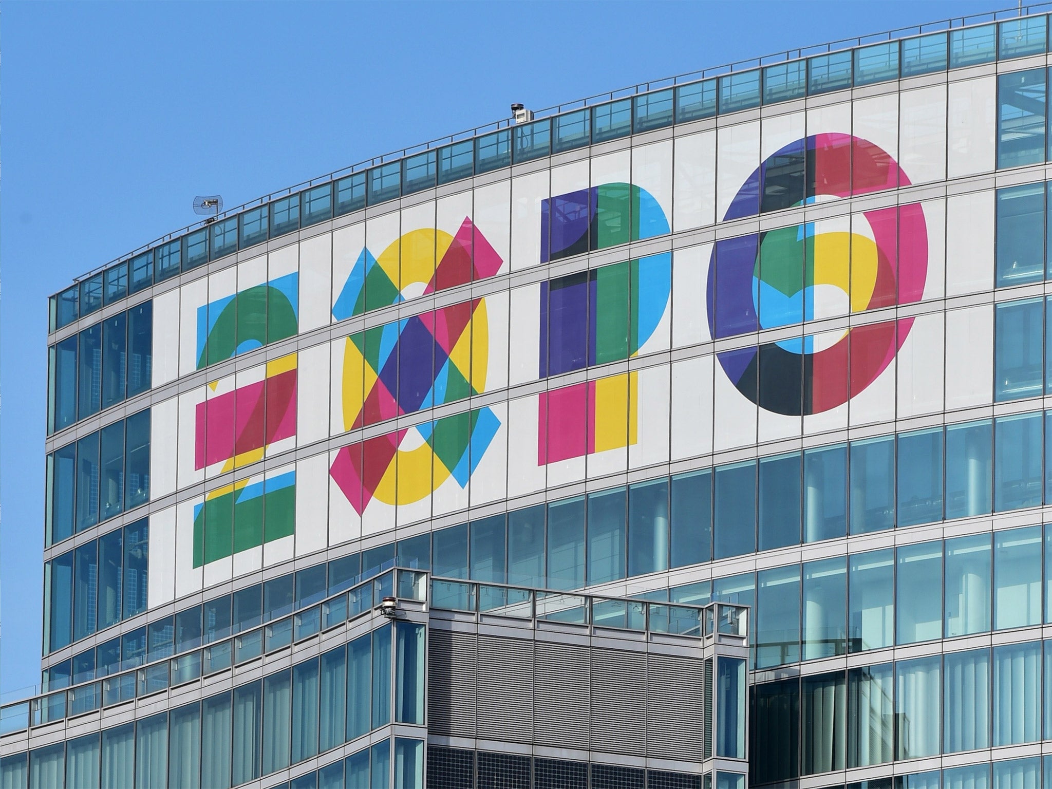 The logo of Expo 2015 on top of the 'Palazzo Lombardia' (Lombardy Building) in Milan