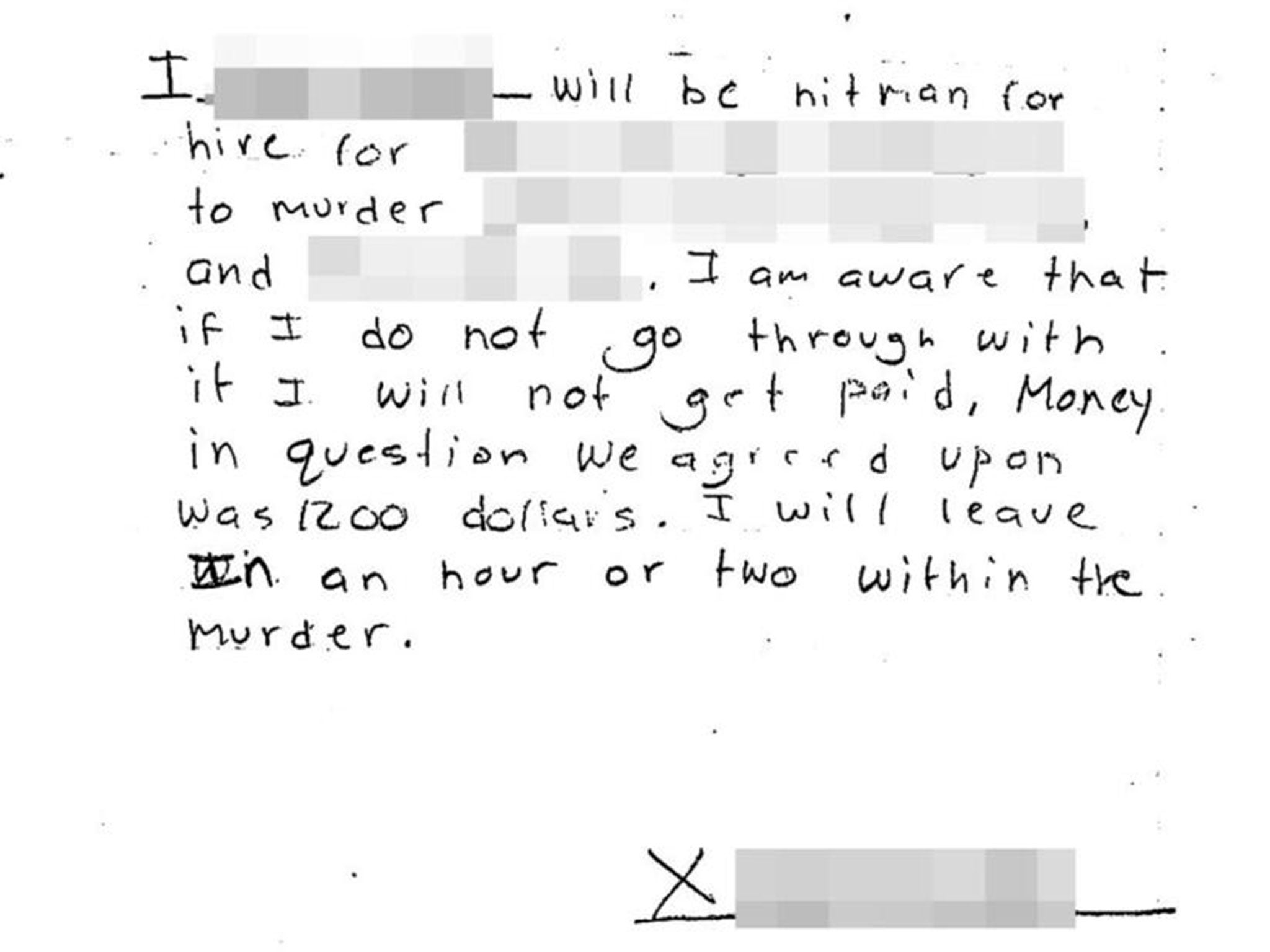 A contract police say a 14-year-old drew up for a classmate to kill his father, stepmother and brother