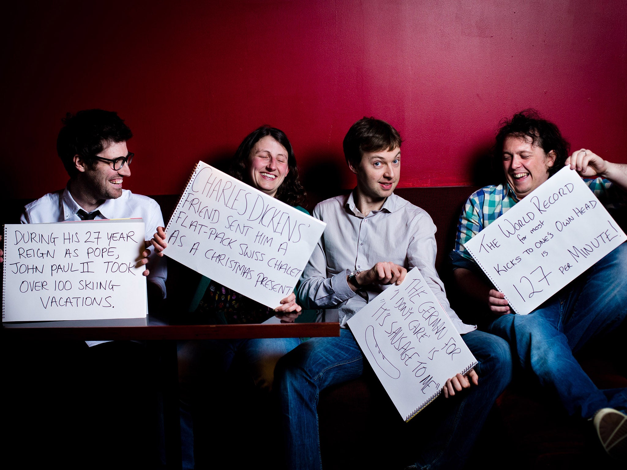 The QI Elves photographed at the Soho Theatre. They are part of a team of researchers who find facts for the television programme 'QI'.