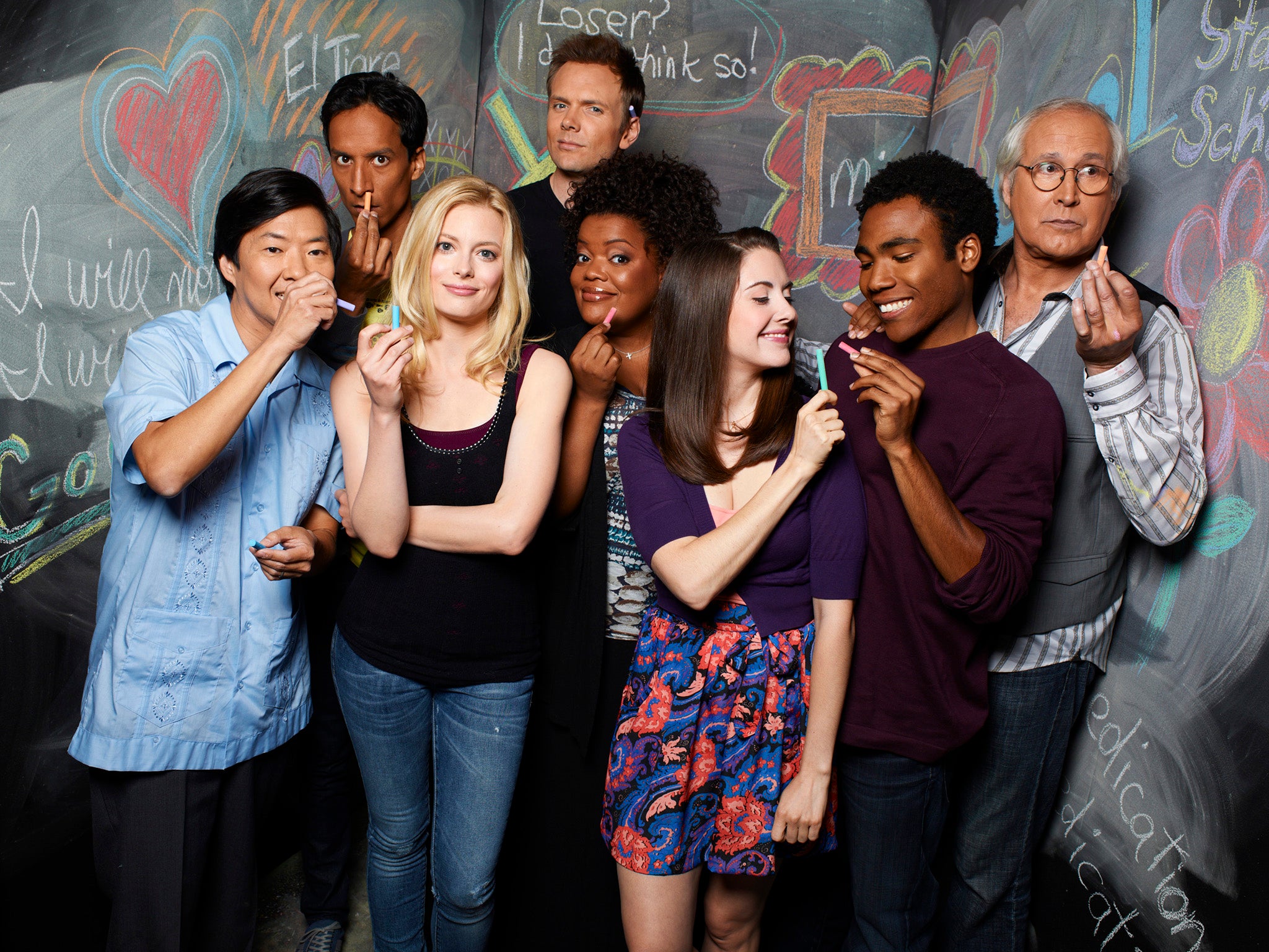 Chalking up a hit: Ken Jeong as Senøor Chang, Danny Pudi as Abed, Gillian Jacobs as Britta, Joel McHale as Jeff Winger, Yvette Nicole Brown as Shirley, Alison Brie as Annie, Donald Glover as Troy, Chevy Chase as Pierce in Community