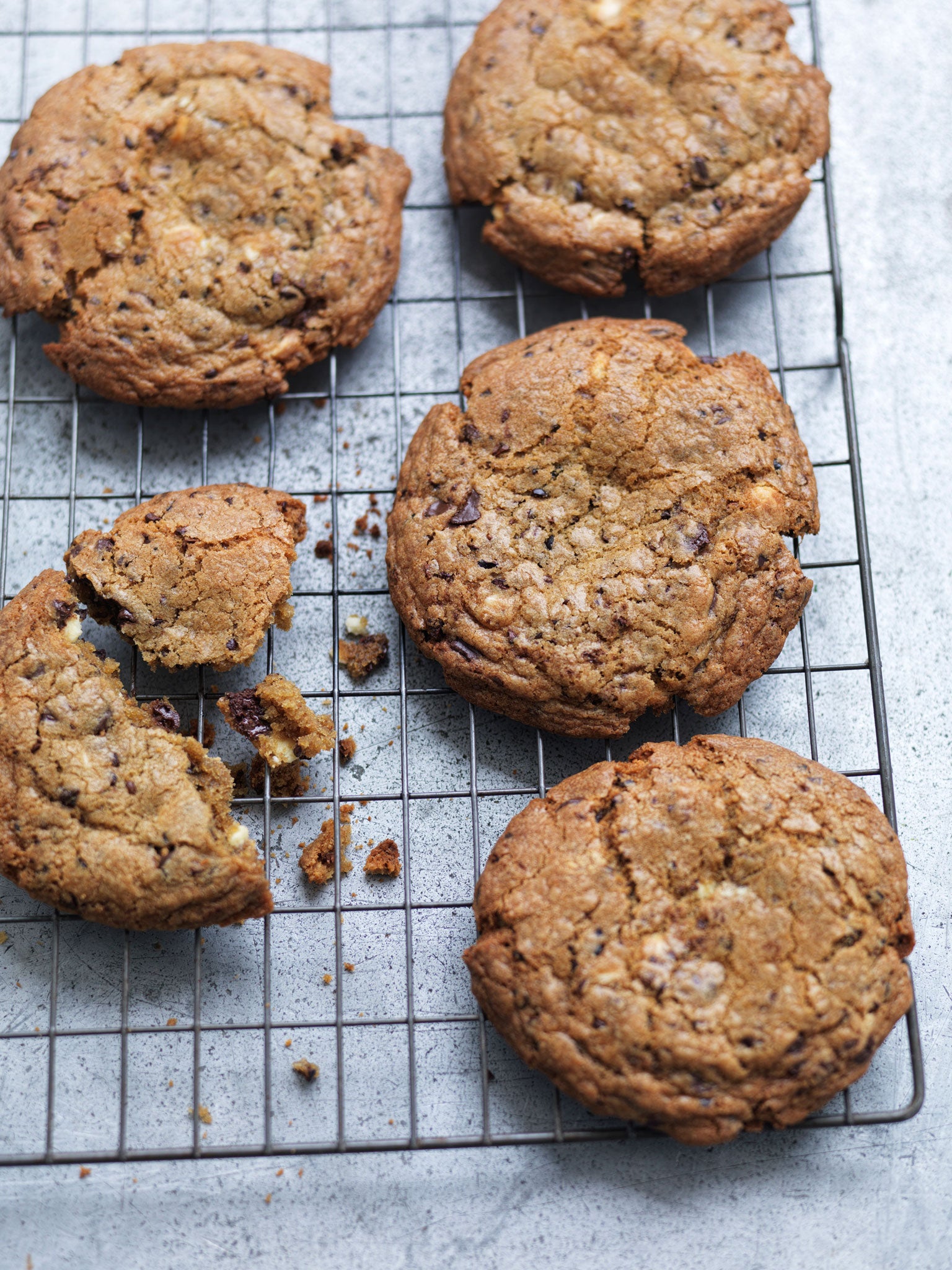 Giant chocolate-chip cookies with cocoa nibs (Jonathan Gregson)