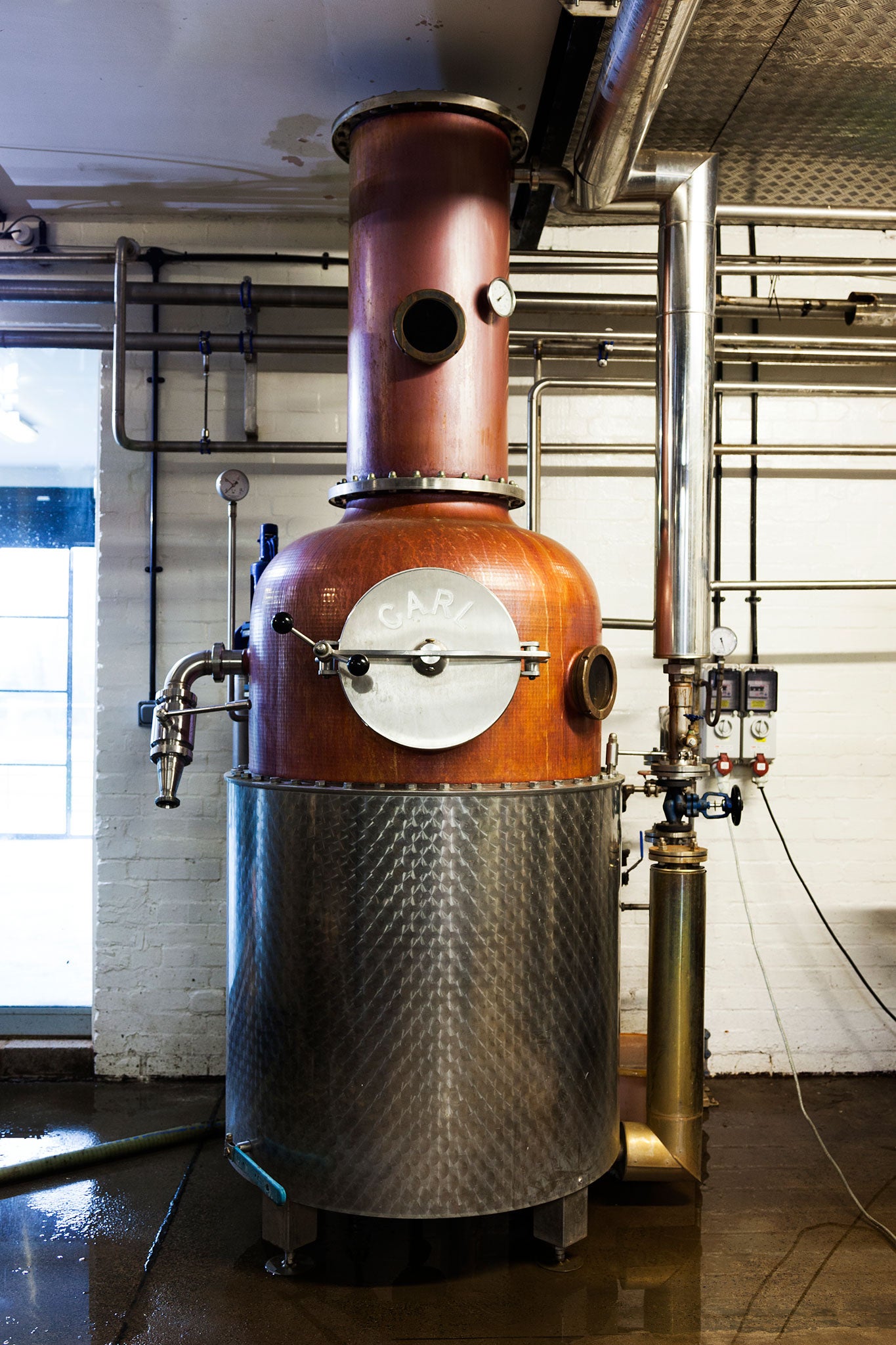 Chase's copper stills are encircled by steam jackets