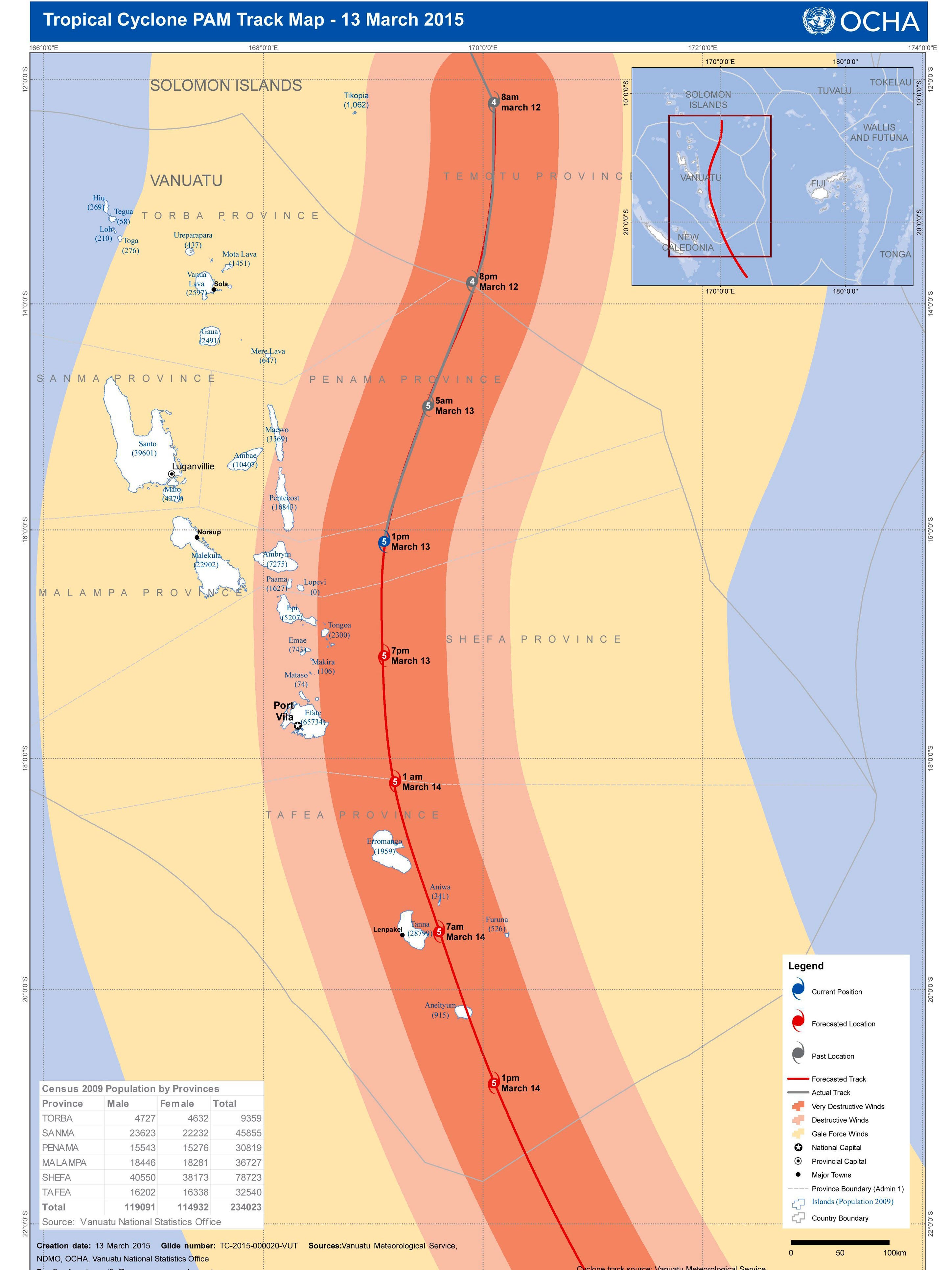 UN Office for the Coordination of Humanitarian Affairs (UNOCHA) has produced a track map of the region near Vanuatu with the expected path of Cyclone Pam