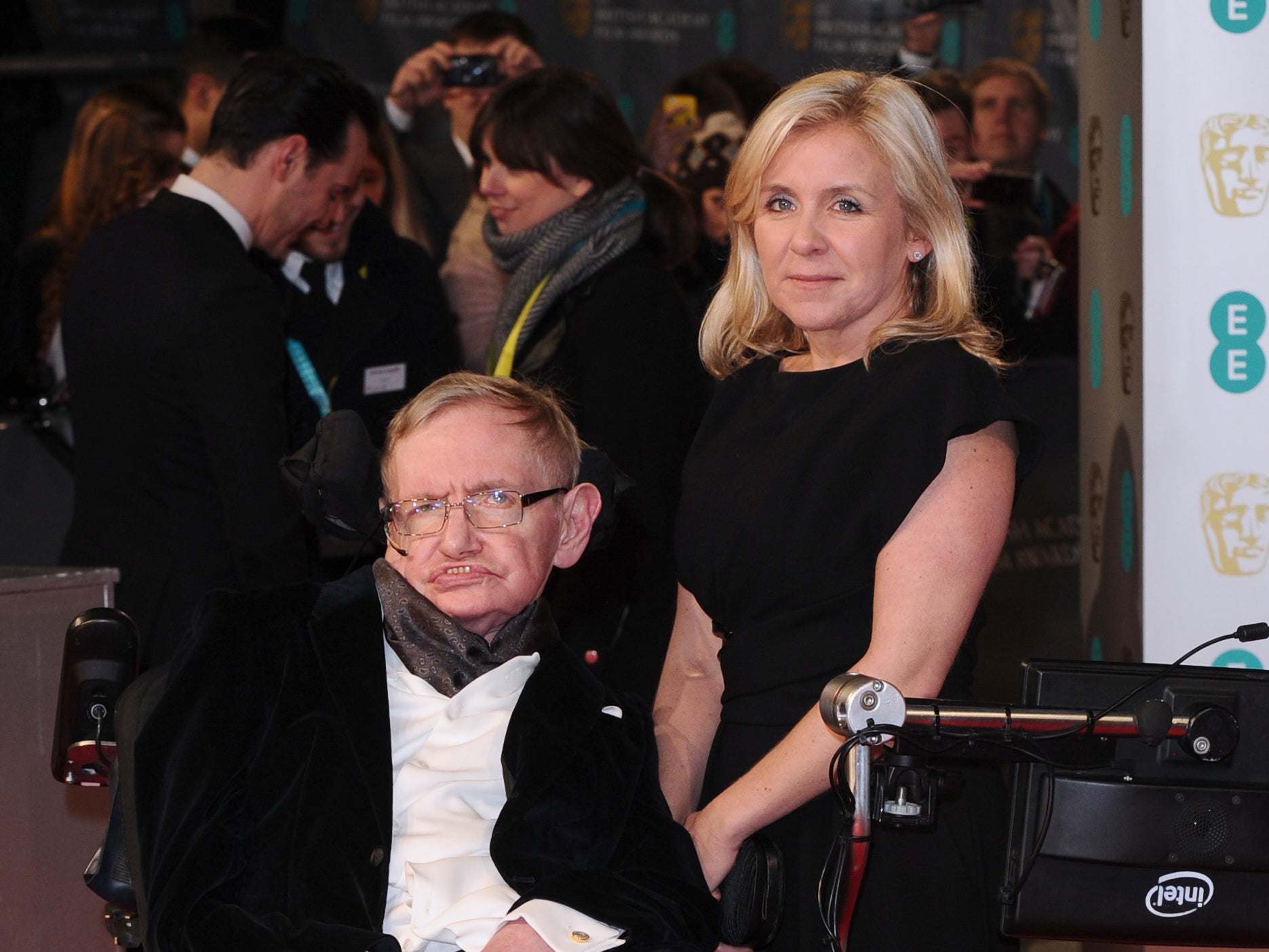 Stephen Hawking with his daughter Lucy at the 2015 BAFTAs