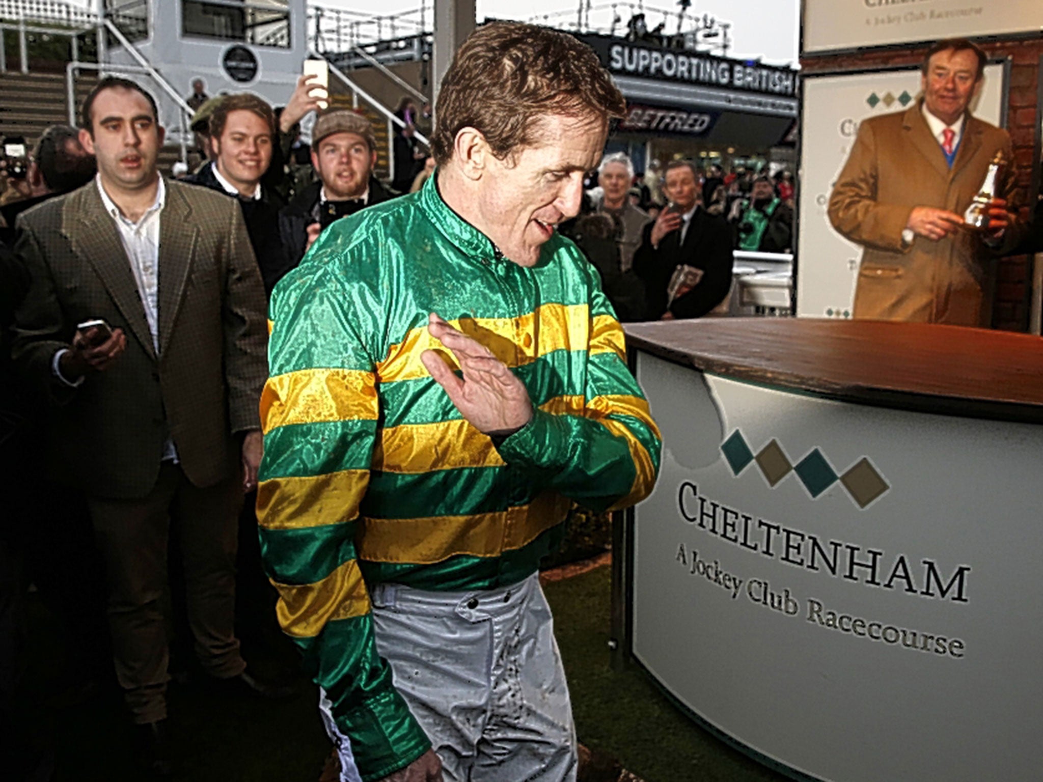 Tony McCoy comes into the enclosure for the final time at the Festival after taking part in the the A P McCoy Grand Annual Chase