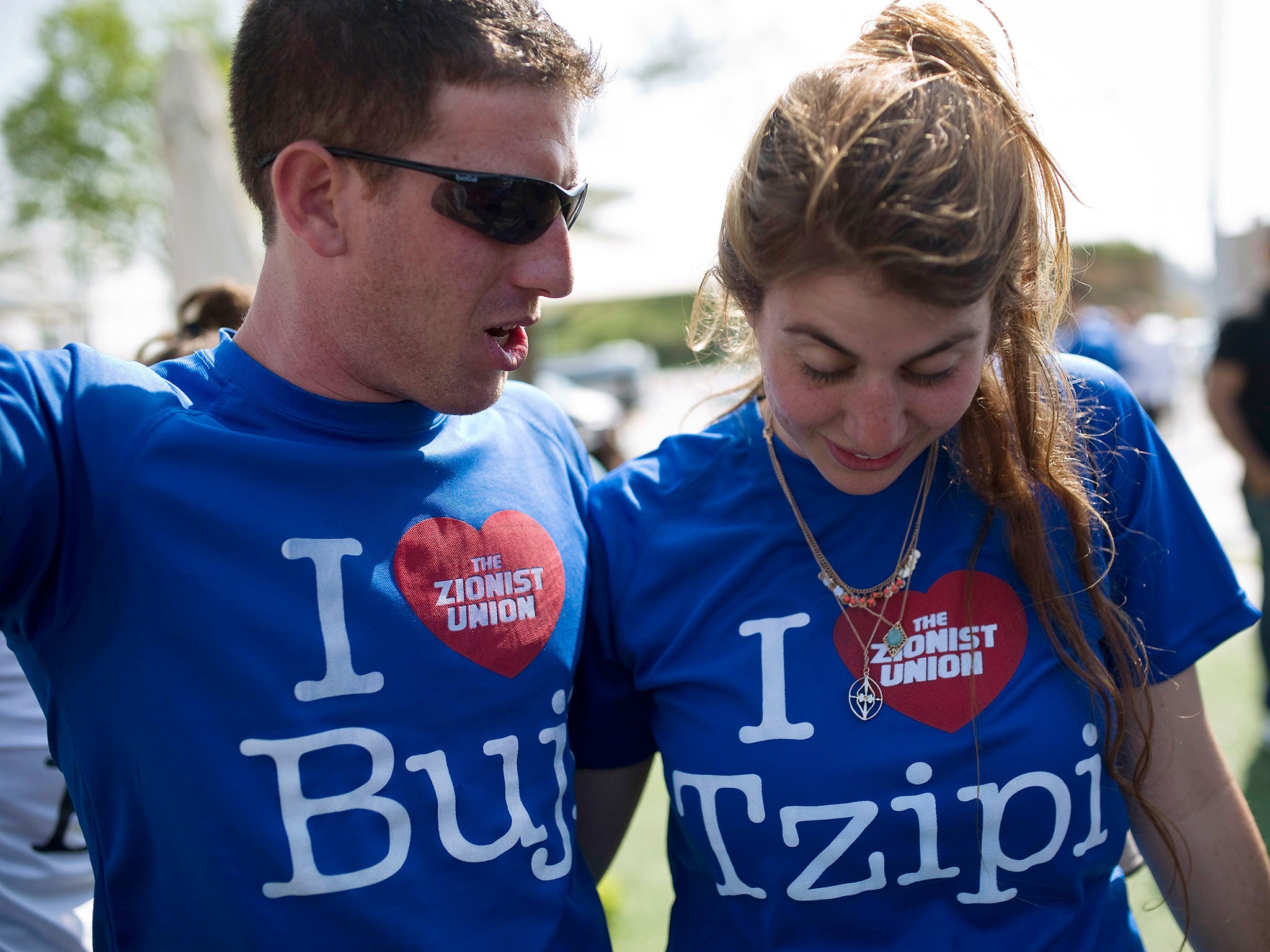 Zionist Union supporters in T-shirts bearing Herzog’s nickname, ‘Buji’, during campaigning