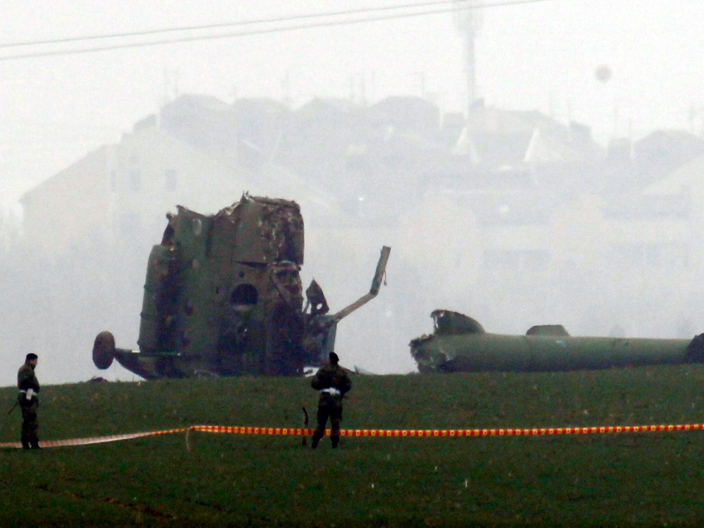 The pieces of the crashed helicopter are cordoned off for investigation