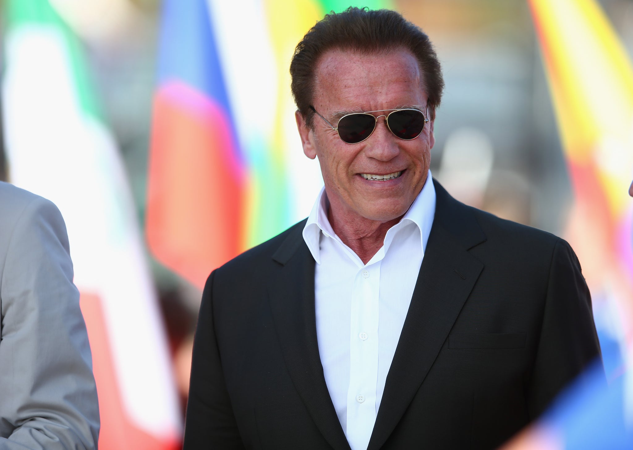 Actor Arnold Schwarzenegger delighted the crowd by making an appearance on the grid for the national anthem