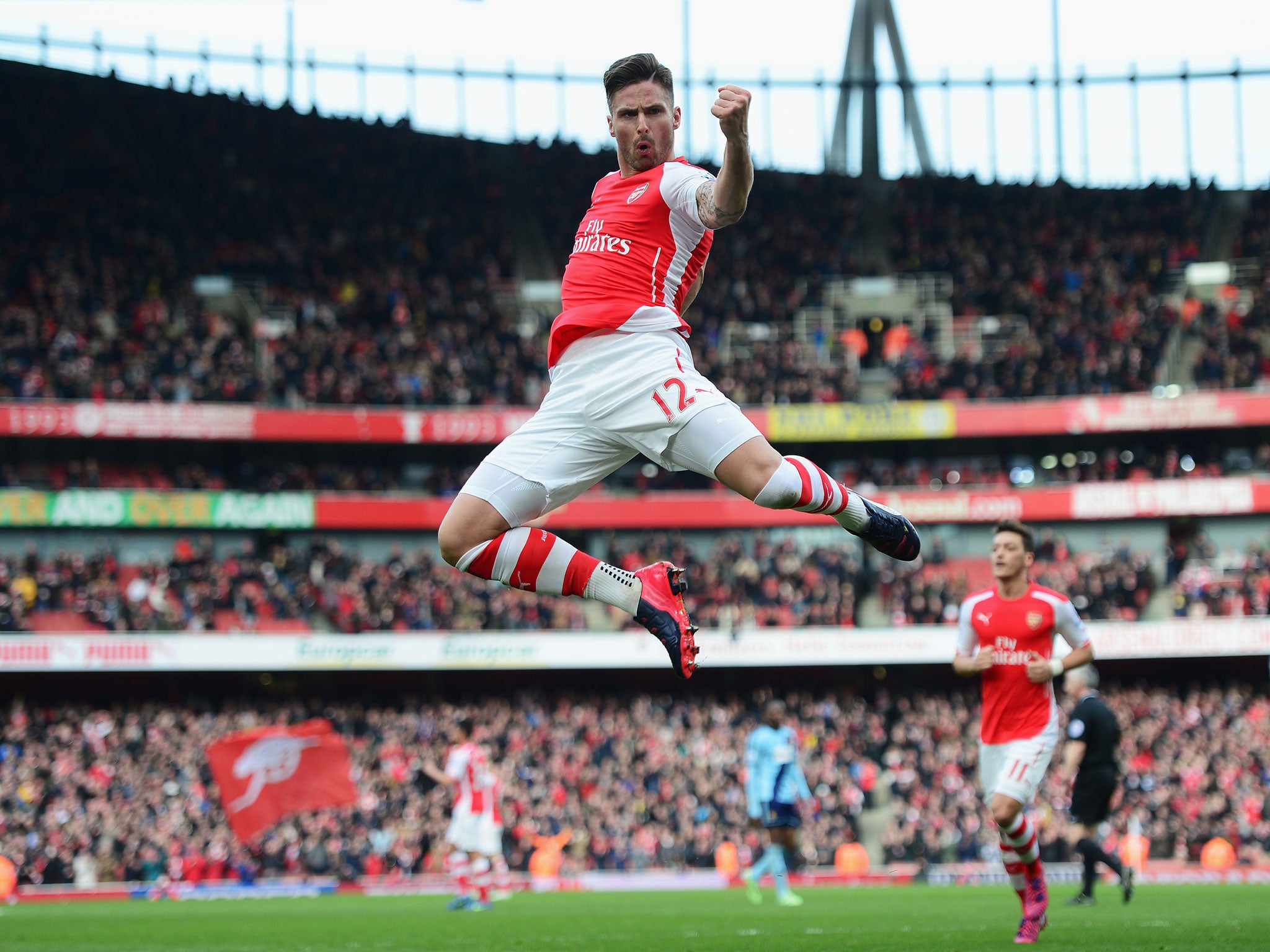 Olivier Giroud celebrates scoring Arsenal’s opening goal against West Ham