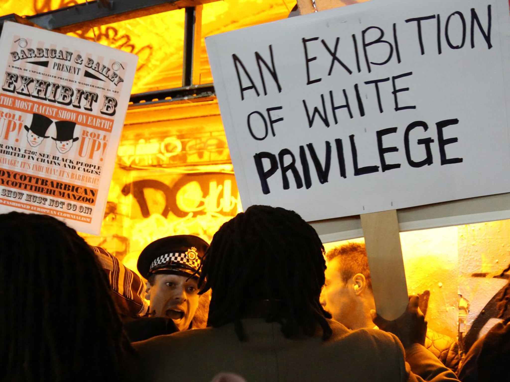 Protesters outside Exhibit B at the Vaults Gallery last September