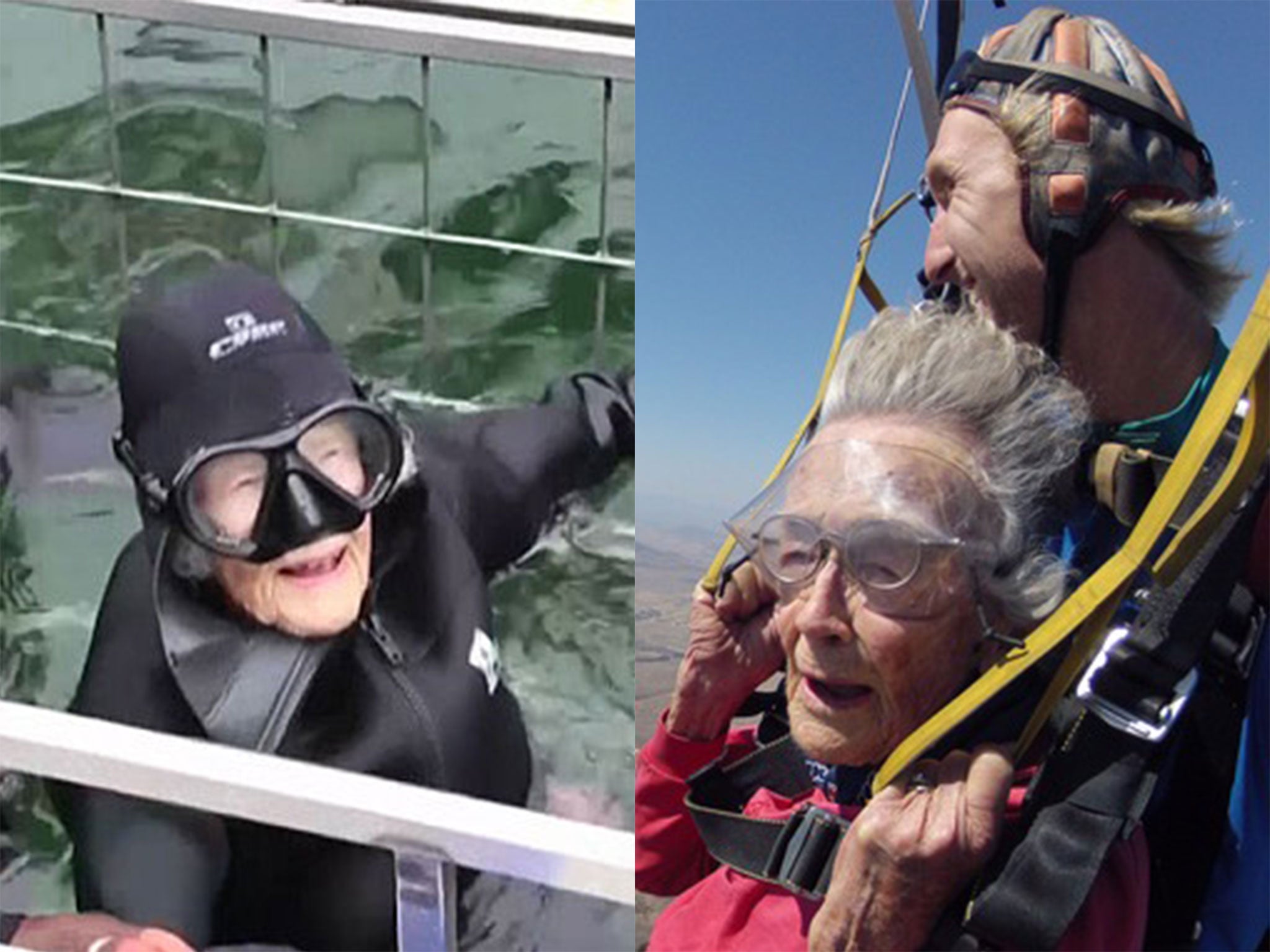 Harwood in the cage waiting for her dive with South Africa's great white sharks and on her skydive