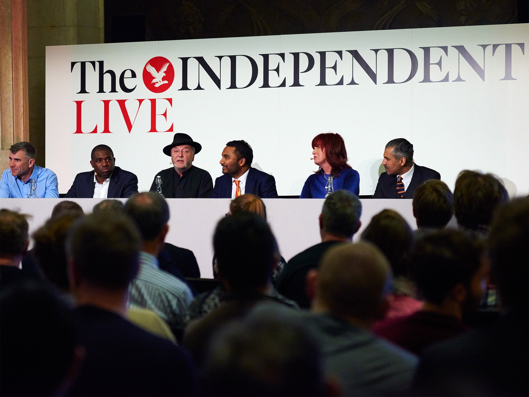 From left: Ivan Massow, David Lammy, George Galloway, Amol Rajan, Janet Street-Porter and Maajid Nawaz at Tuesday night’s event