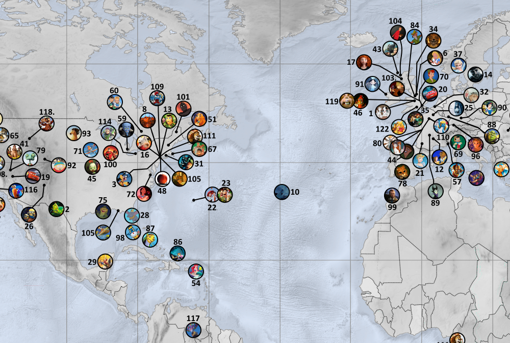 Martin Vargic's map shows the heavy concentration of animated movies set in North America and Europe