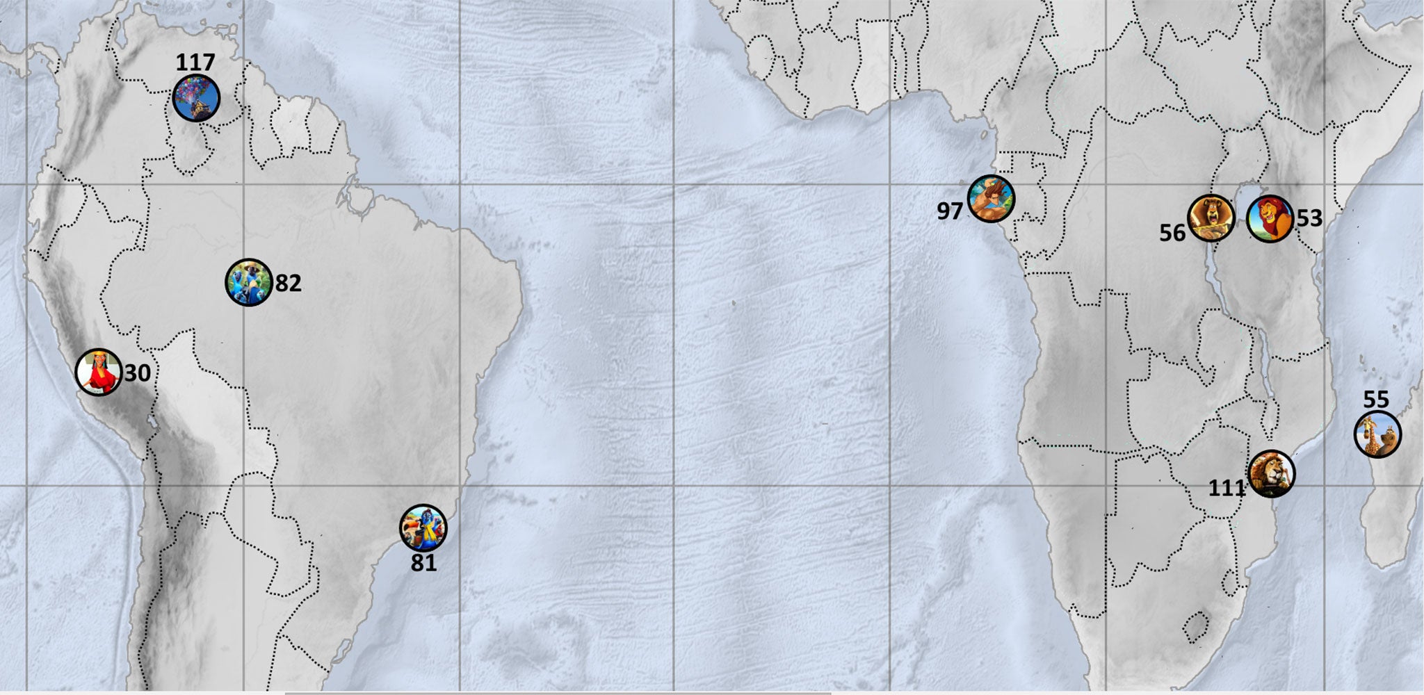 Just four movies are set in South America and only seven in Africa