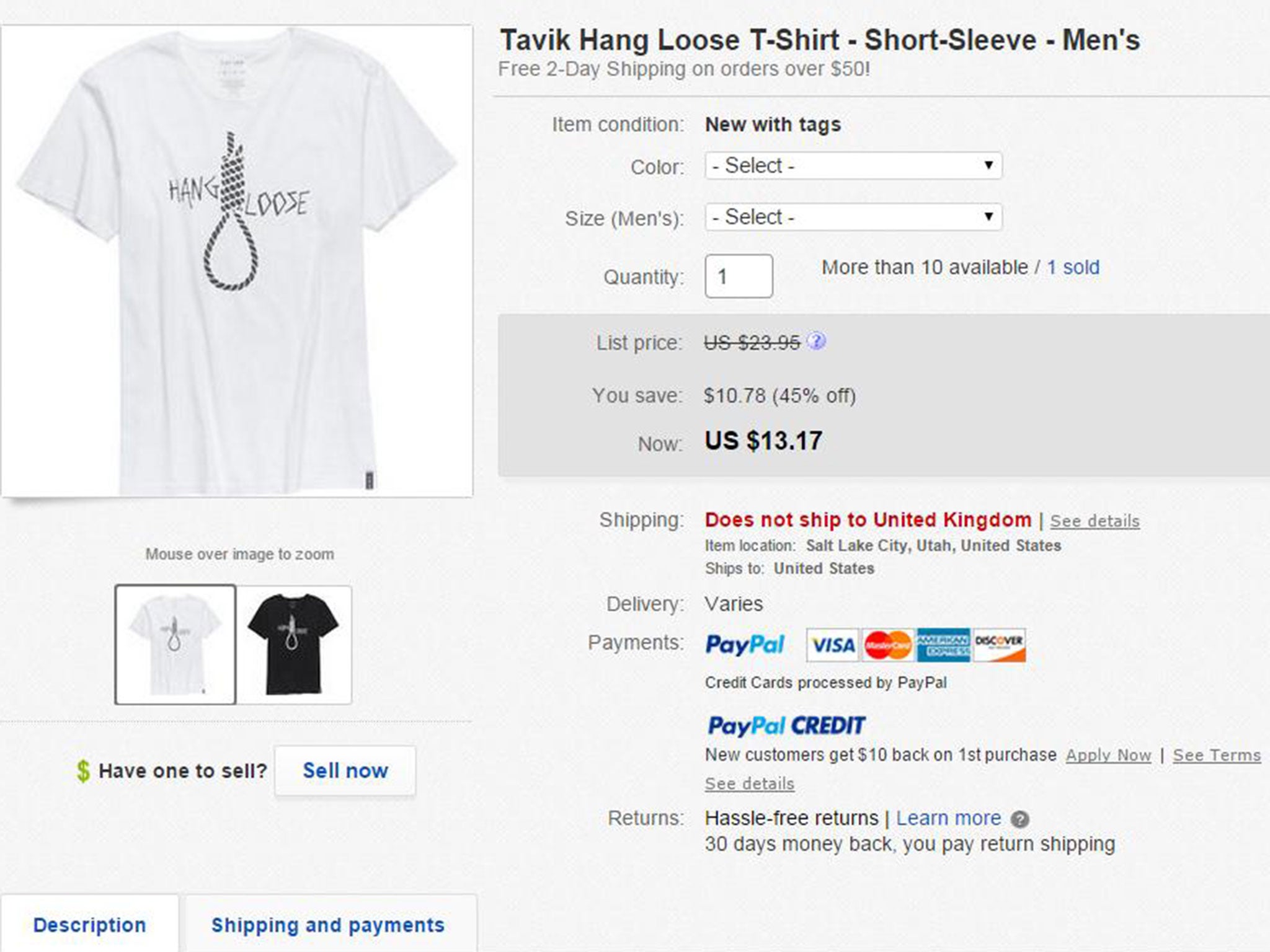 The T-shirt was still on sale on eBay on Wednesday morning