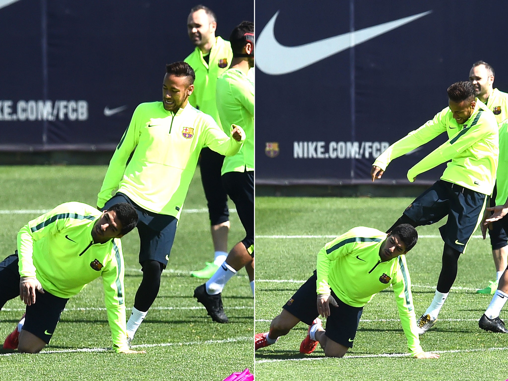 Neymar and Luis Suarez in training