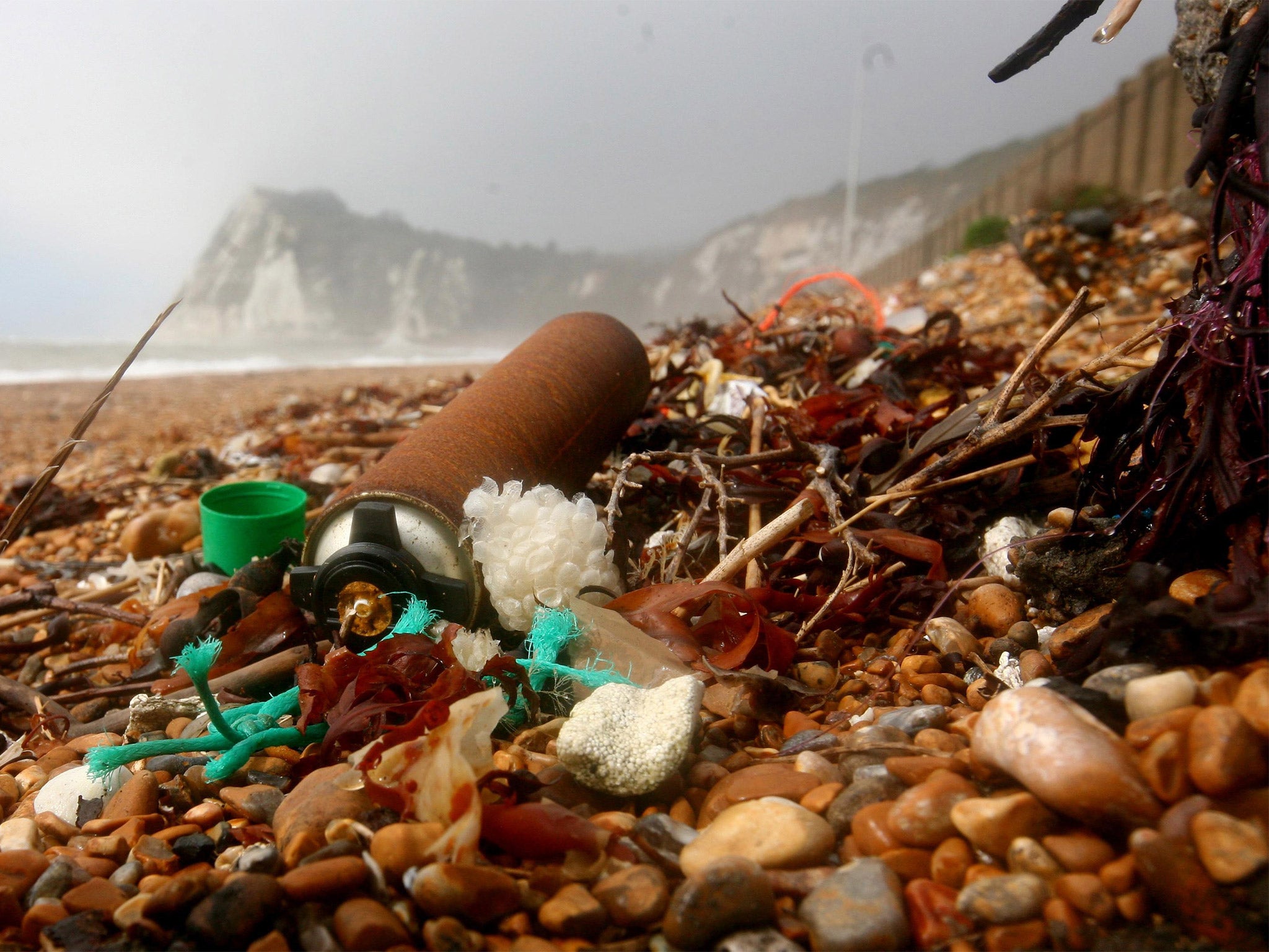 Rubbish left on a beach in Dover, Kent